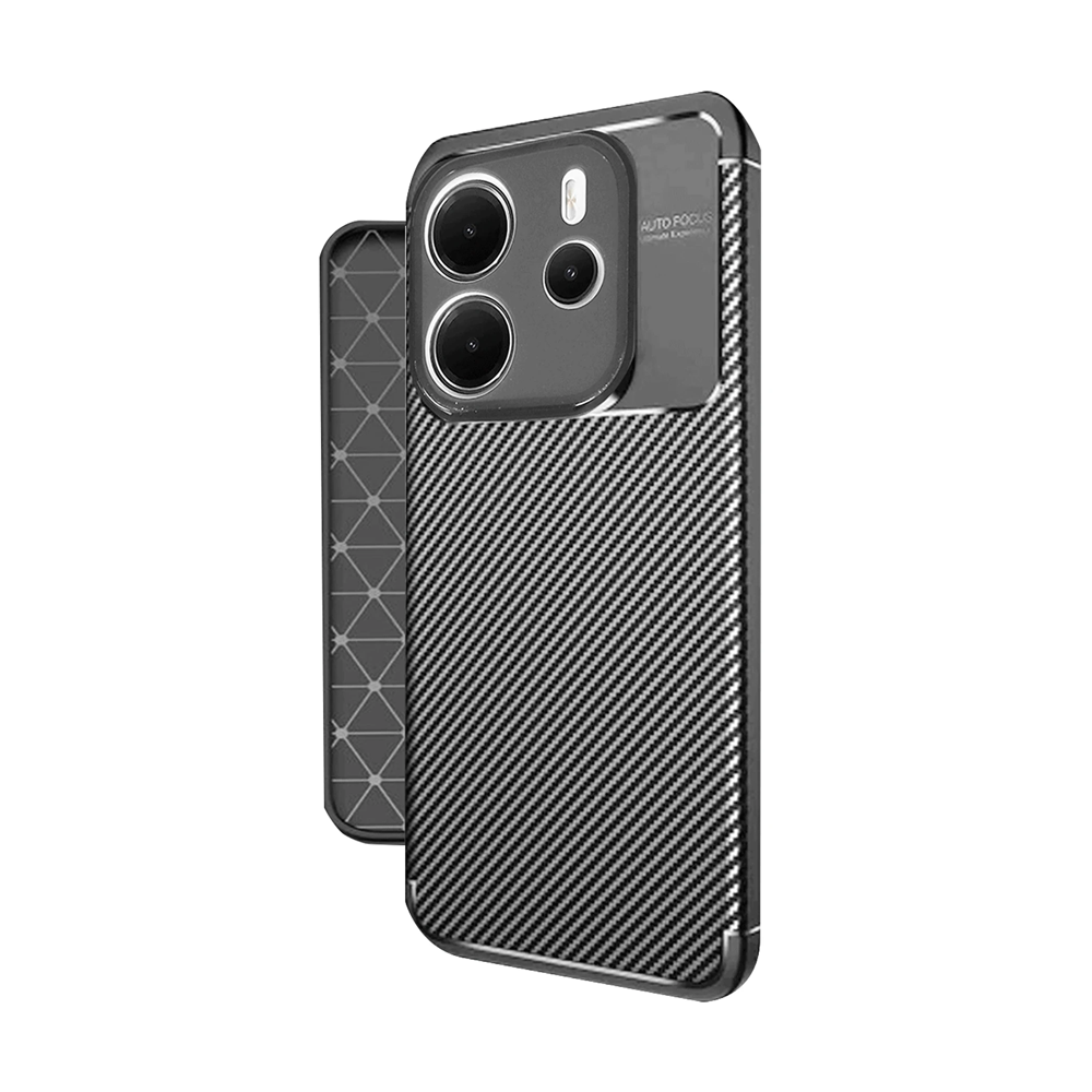 Karbon fiber dokulu siyah telefon kılıfı ve kamera modülü.
