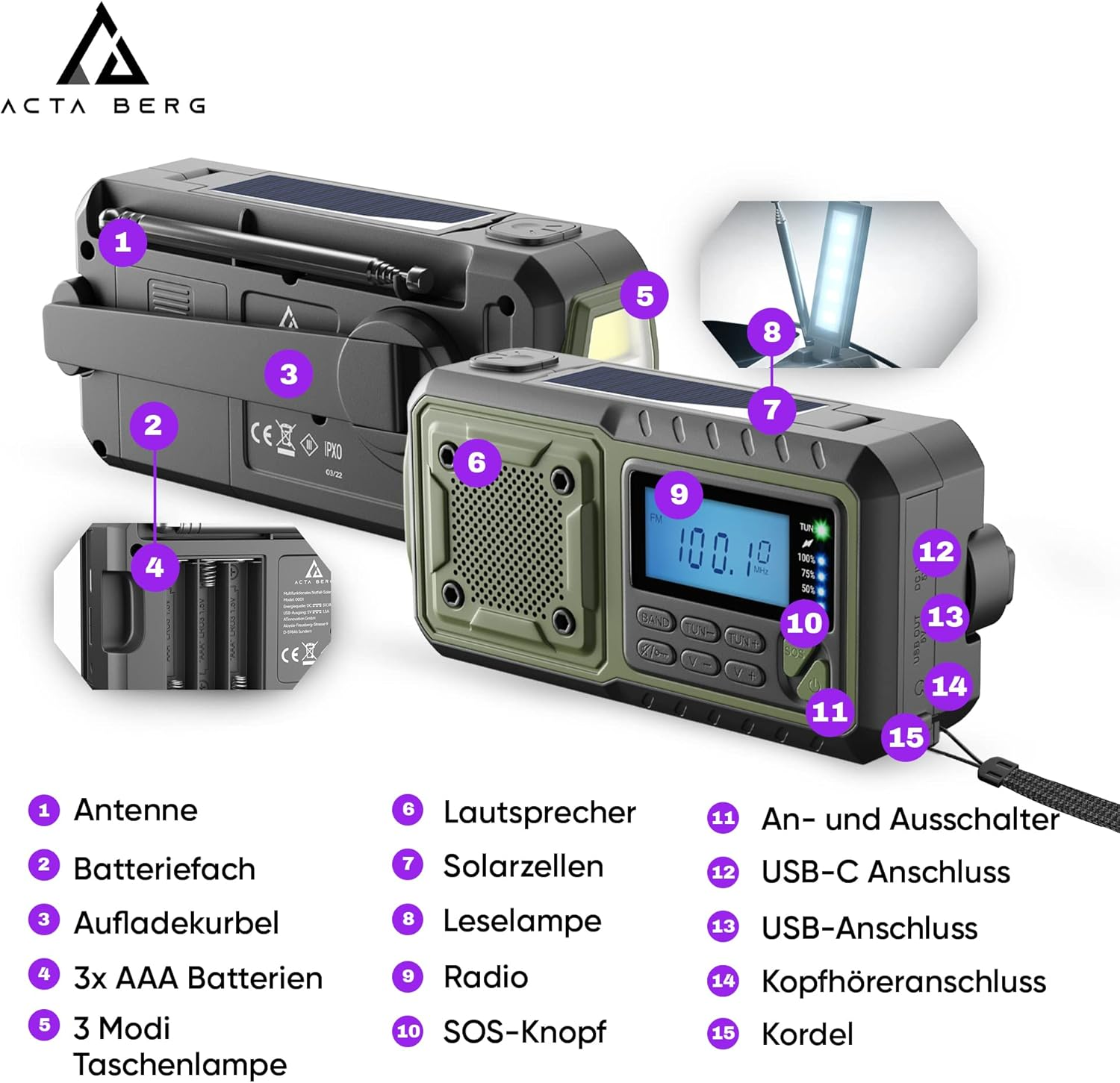 Radio z ogniwami słonecznymi, korbą, lampą LED, głośnikiem, portami i anteną.