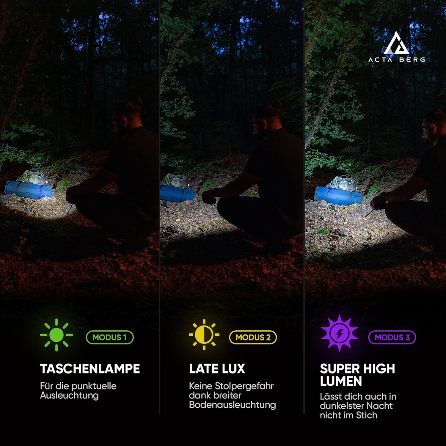 Trzy tryby latarki w lesie: punktowy, szeroki, wysoki lumen.