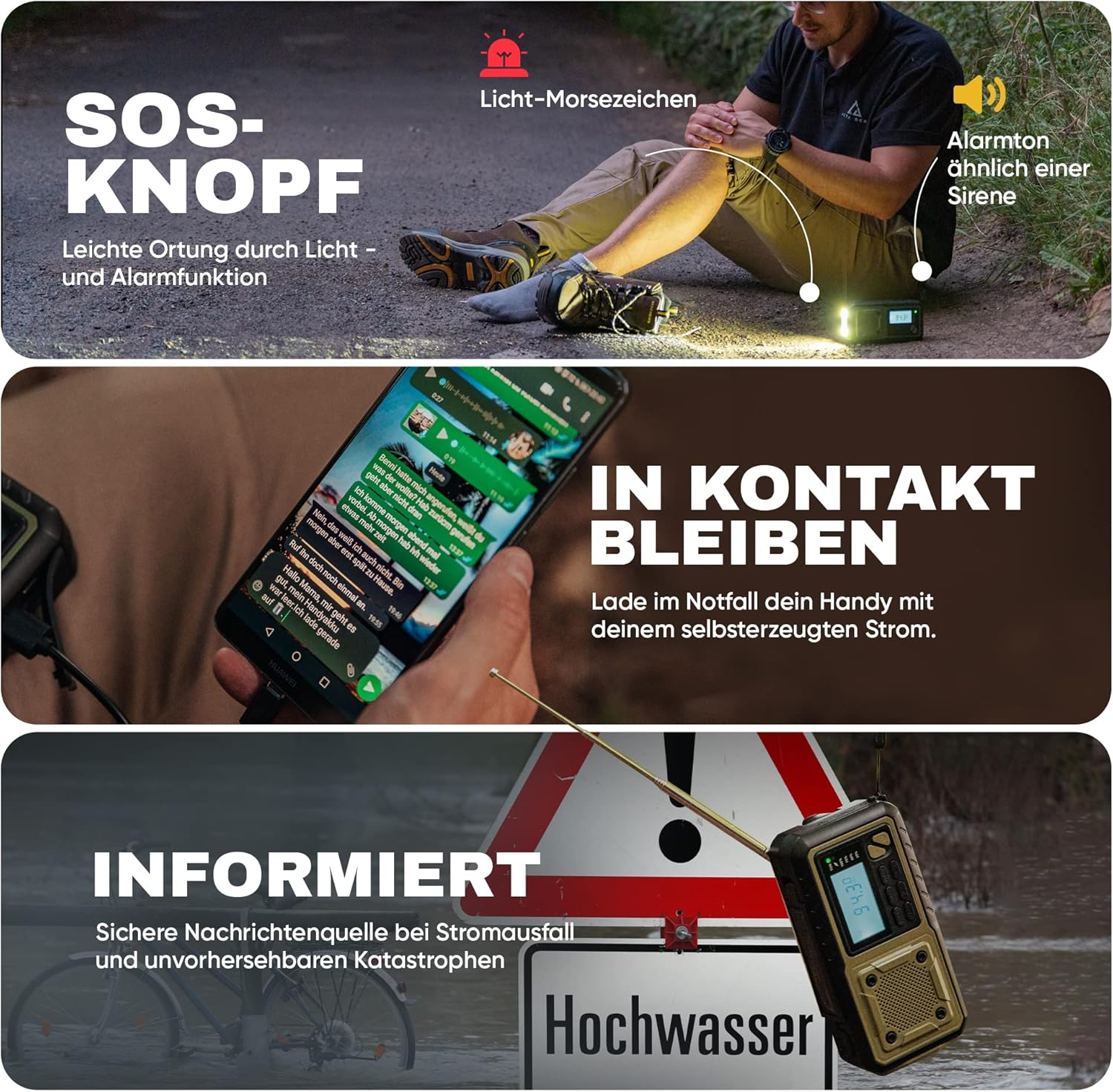 Mężczyzna z przyciskiem SOS, wiadomościami na telefonie i radiem na sytuacje awaryjne.