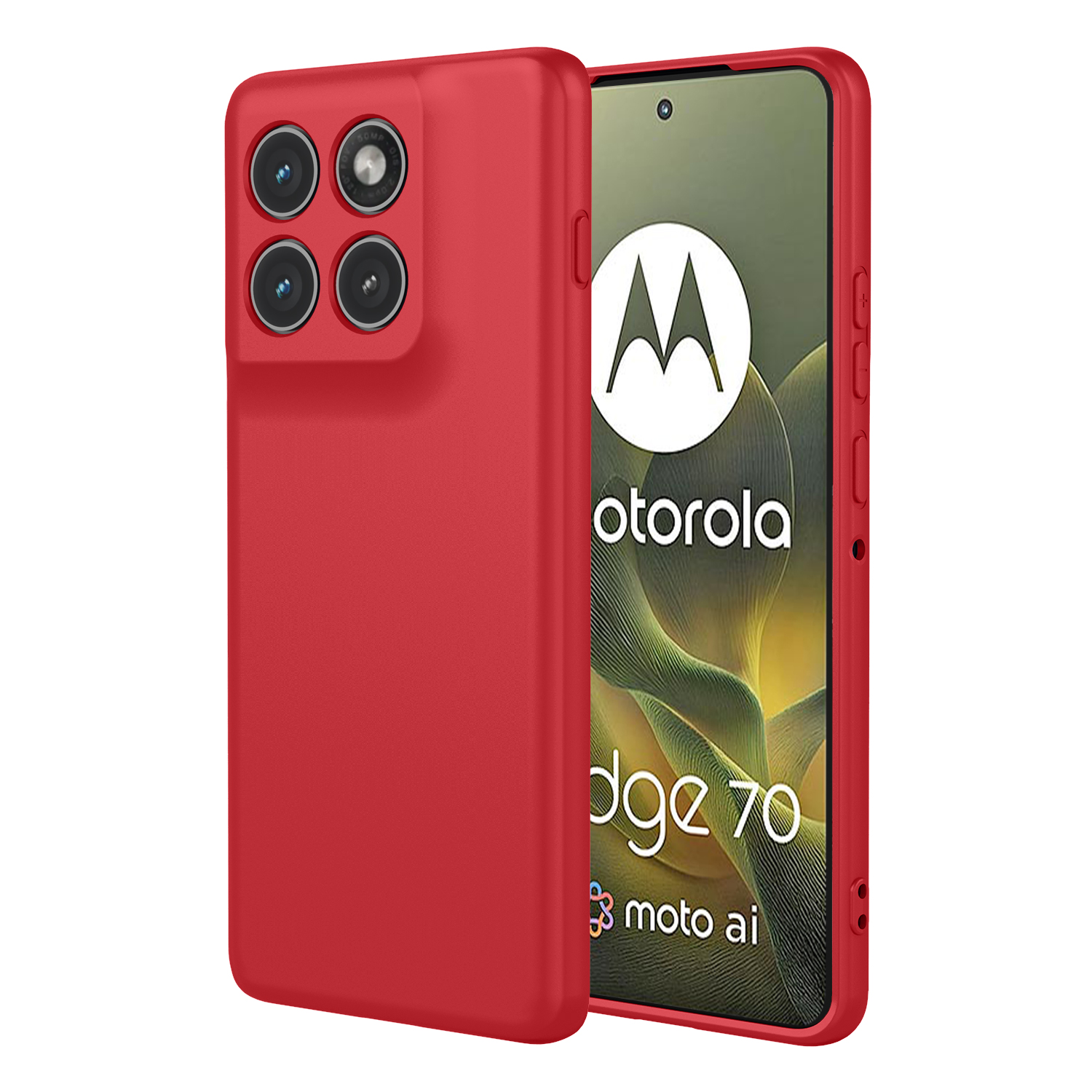 Rode telefoonhoes met vier camera's naast een Motorola Edge 70 telefoon.