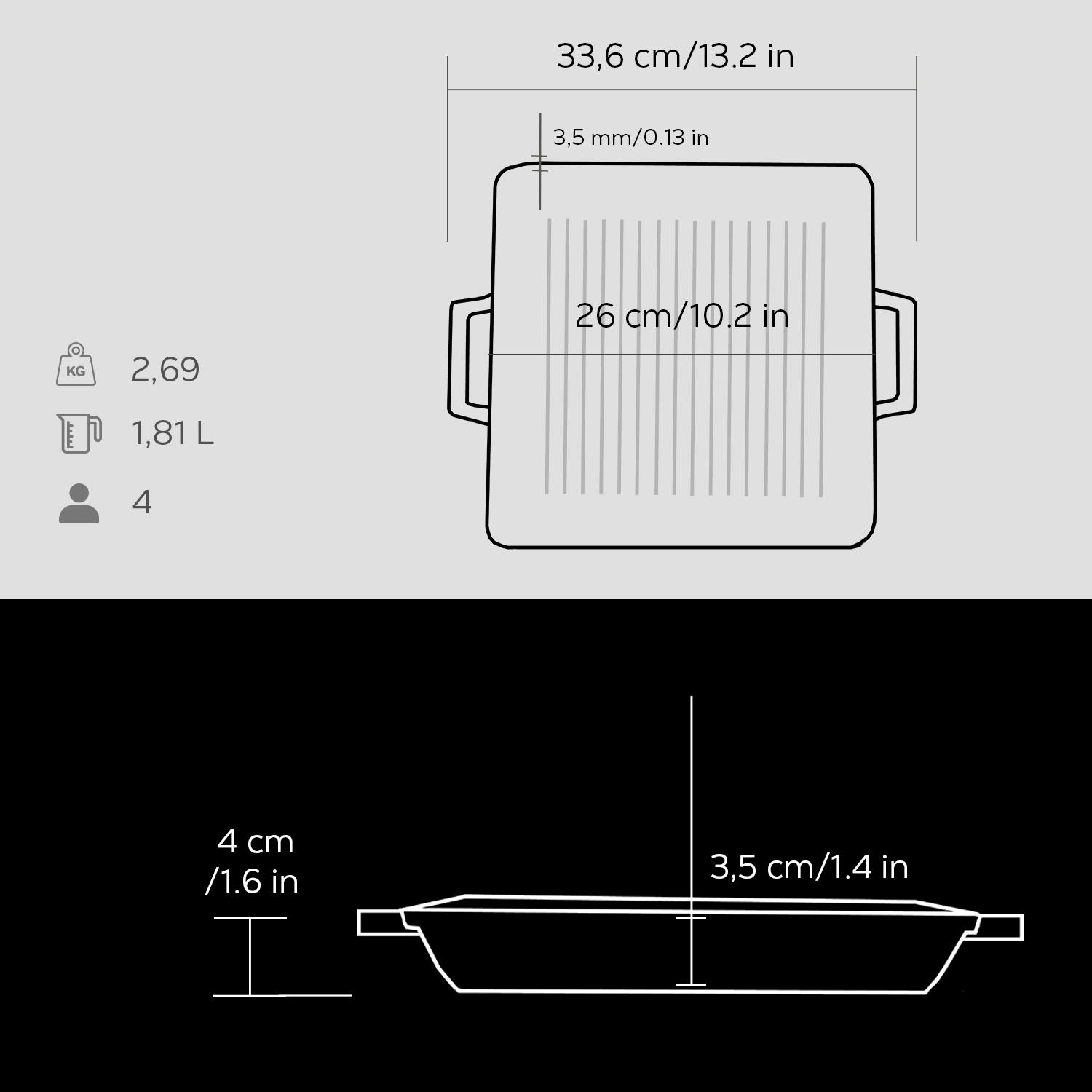 Tava boyutları: 33,6x26cm. Ağırlık 2,69kg, 1,81L kapasite.