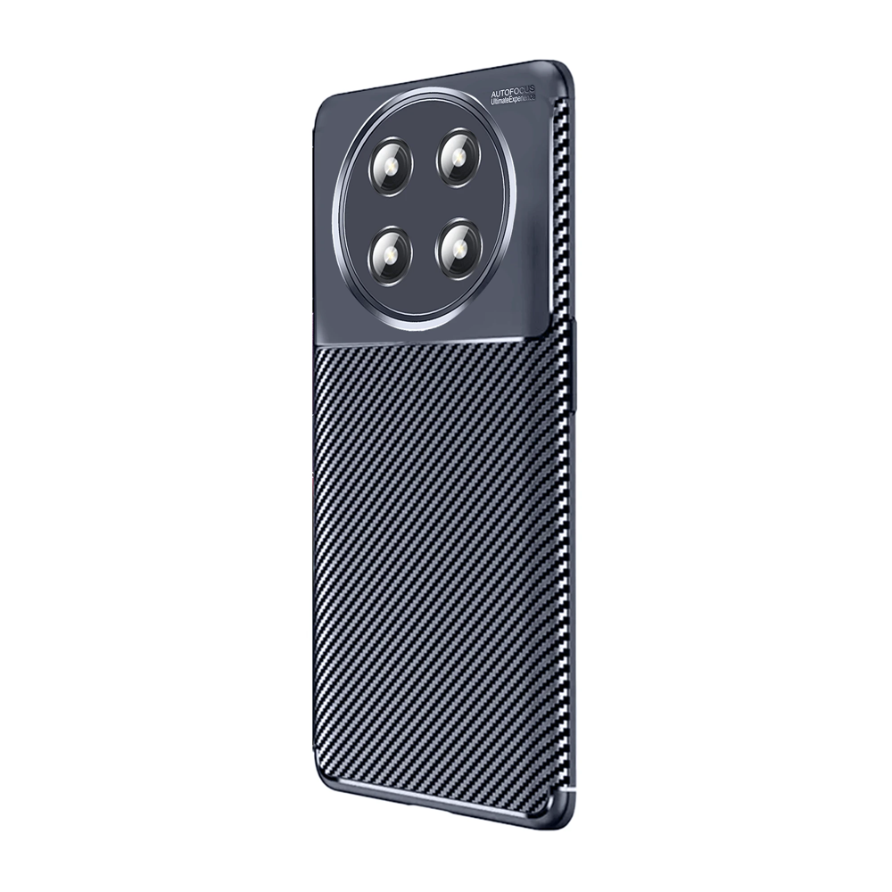 Dört kameralı, karbon fiber arka yüzlü koyu gri akıllı telefon.
