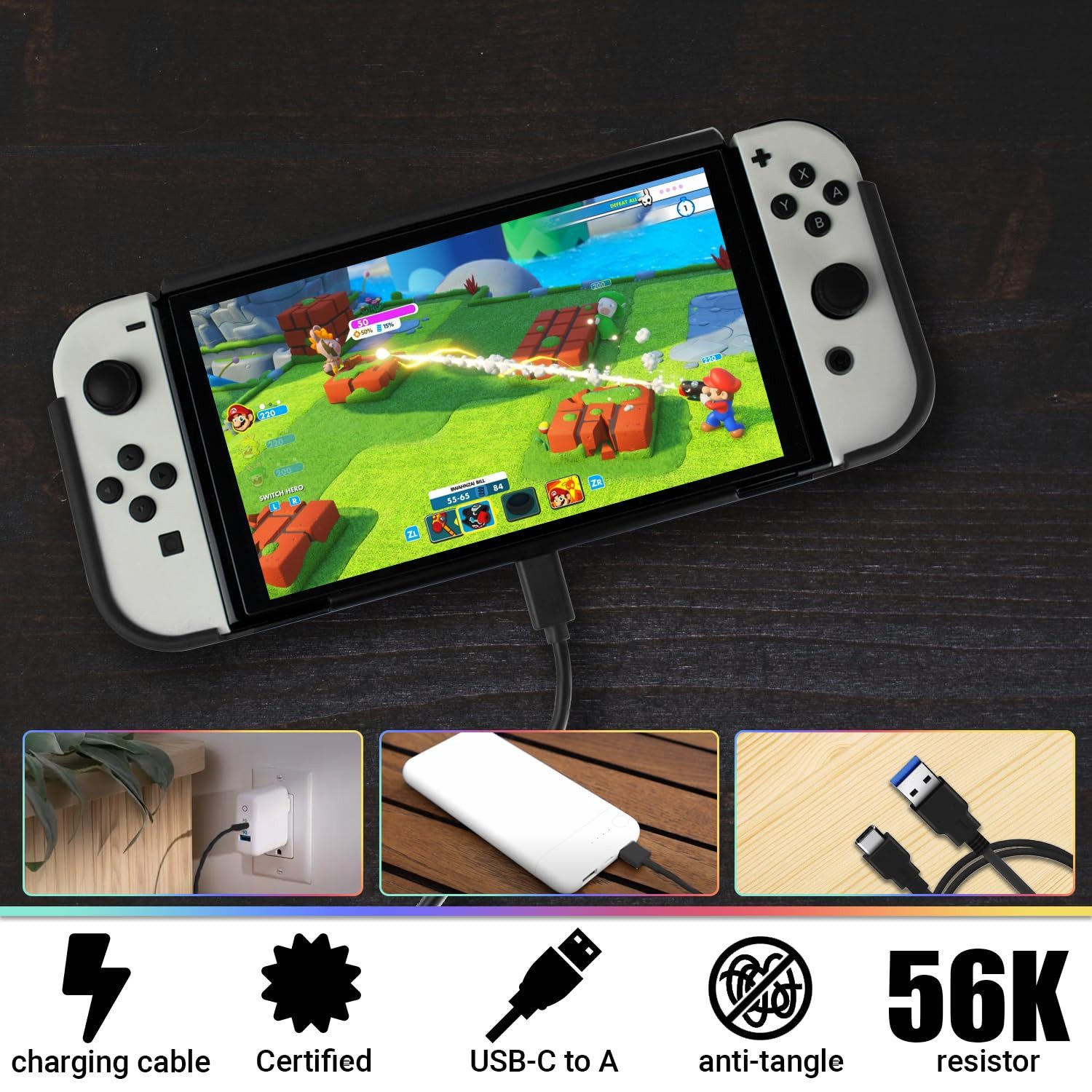 Nintendo Switch mit Mario-Spiel, Ladekabel, Powerbank und USB-Kabel