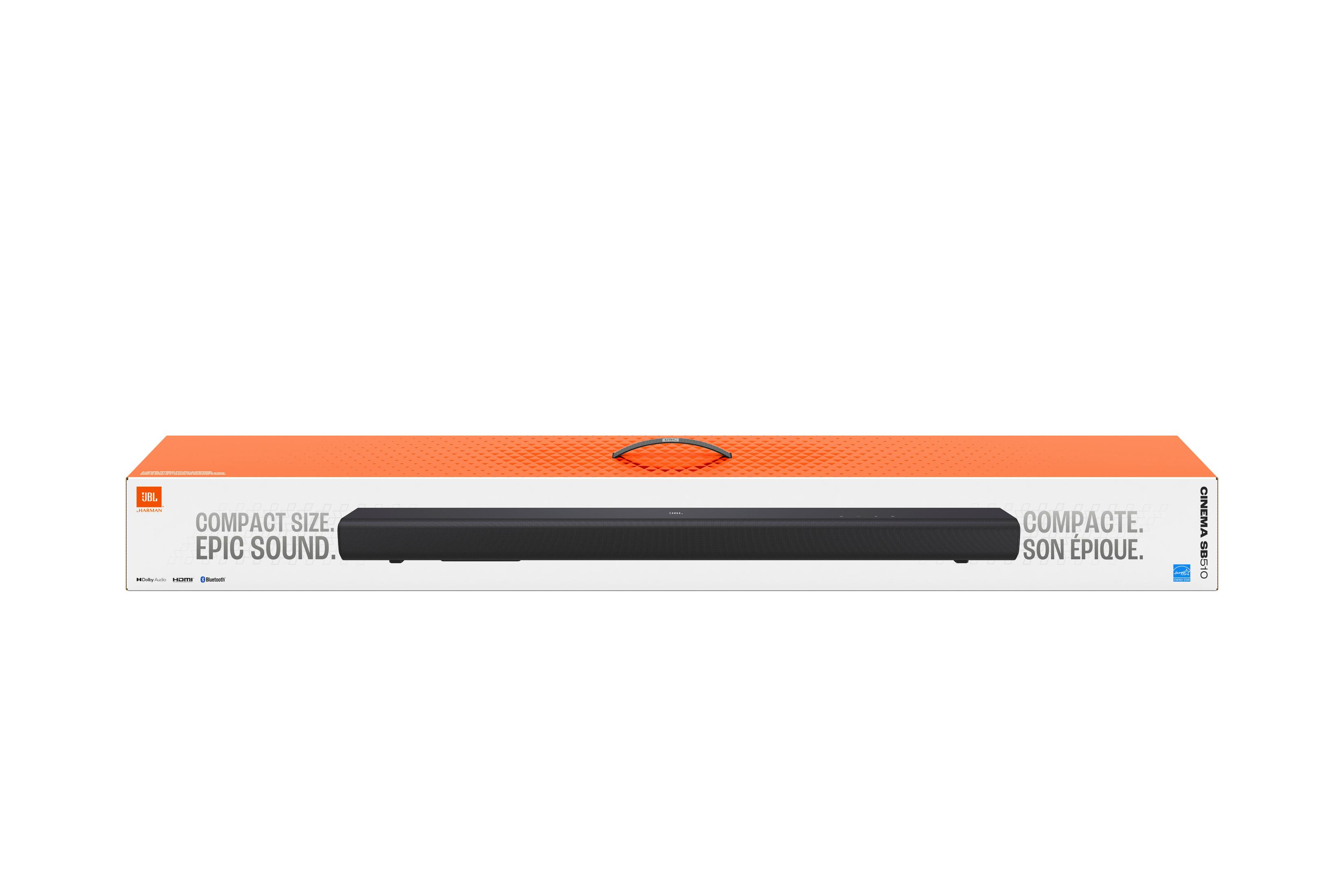 Czarny soundbar JBL w opakowaniu z tekstem 'Compact Size. Epic Sound.'