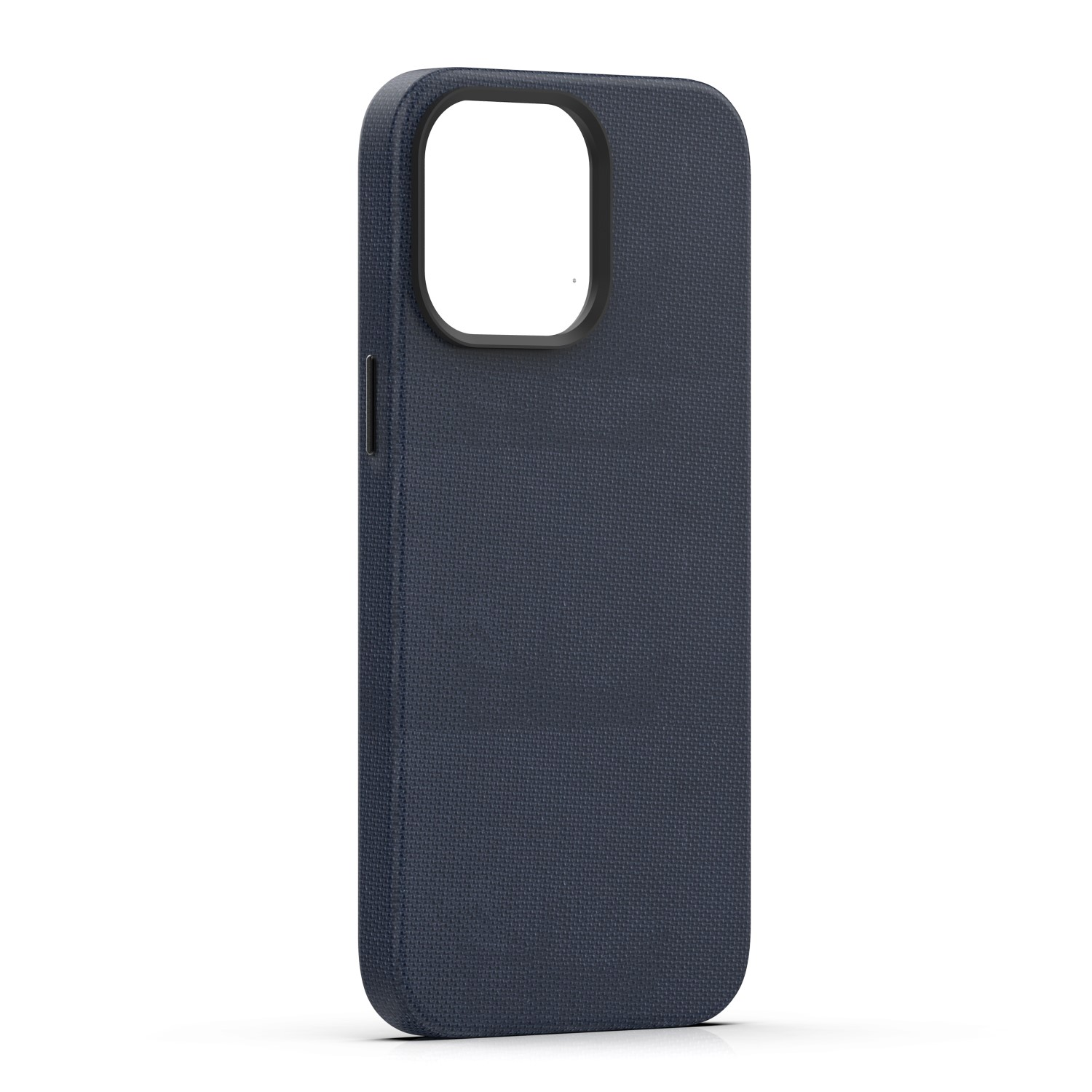 Granatowe etui na telefon z teksturowanym materiałem i wycięciem na aparat.