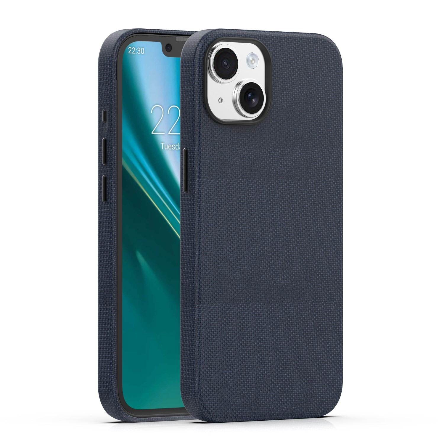 Ciemnoniebieski telefon w materiałowym etui z modułem kamery na białym tle.