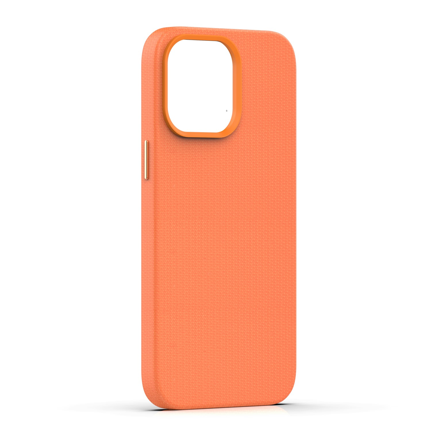 Una custodia per telefono arancione con ritaglio rettangolare per la fotocamera.