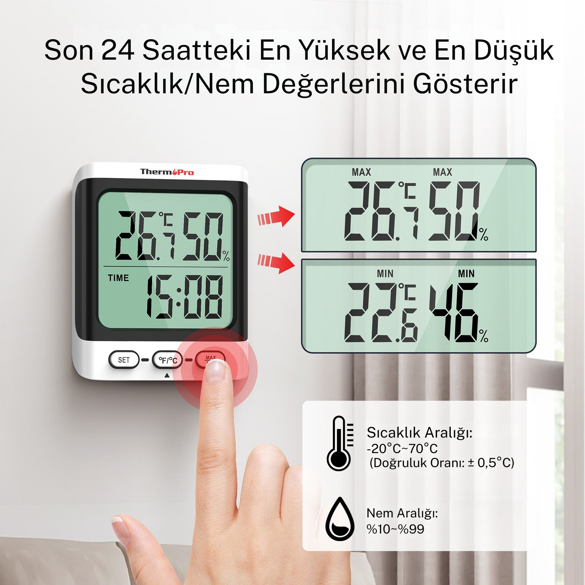 ThermoPro termometre Maks/Min değerleri gösterir: 26,7°C, %50 nem, 15:08 saat.