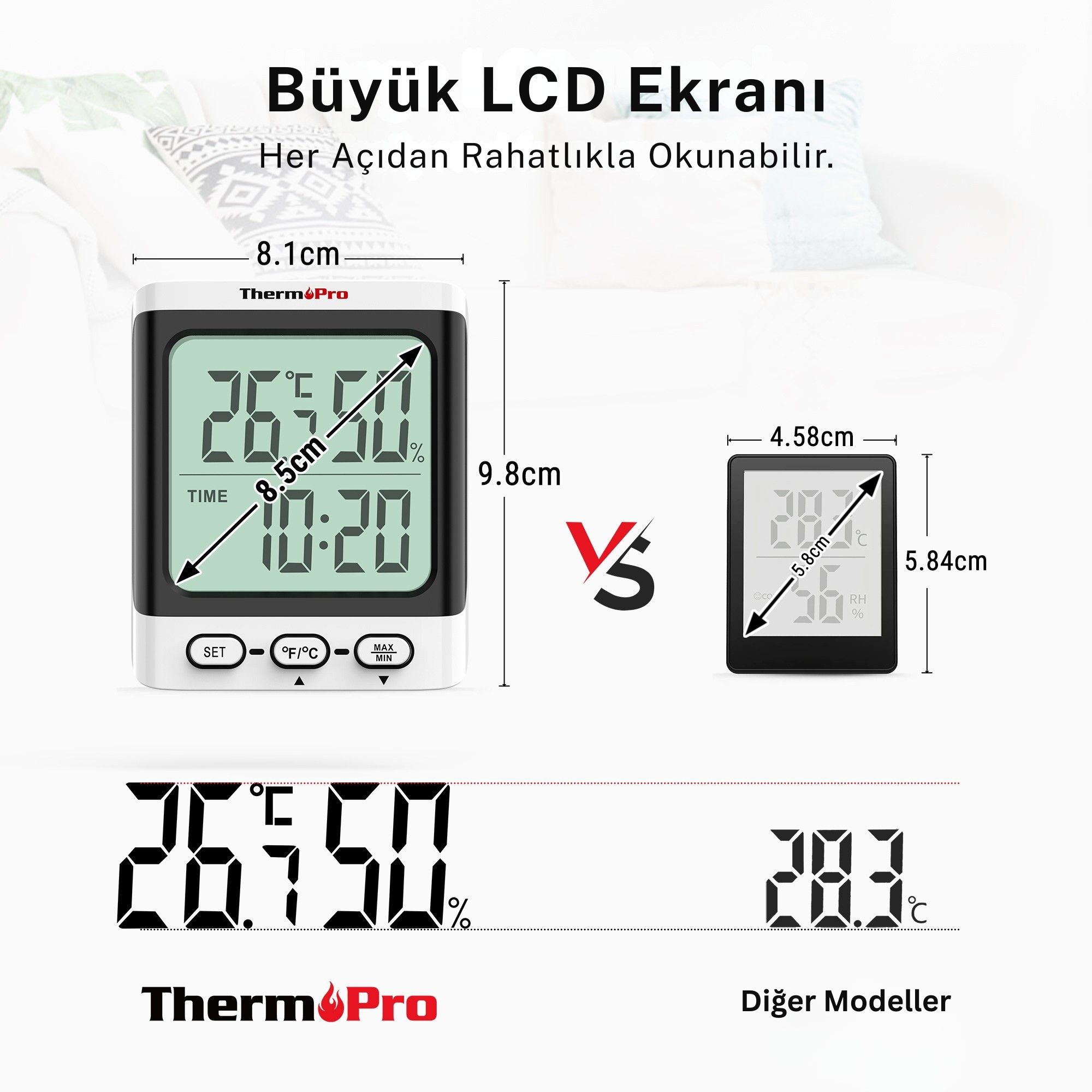 Bir termometre 26.5°C ve %50 gösteriyor. Küçük cihaz 28.7°C gösteriyor.