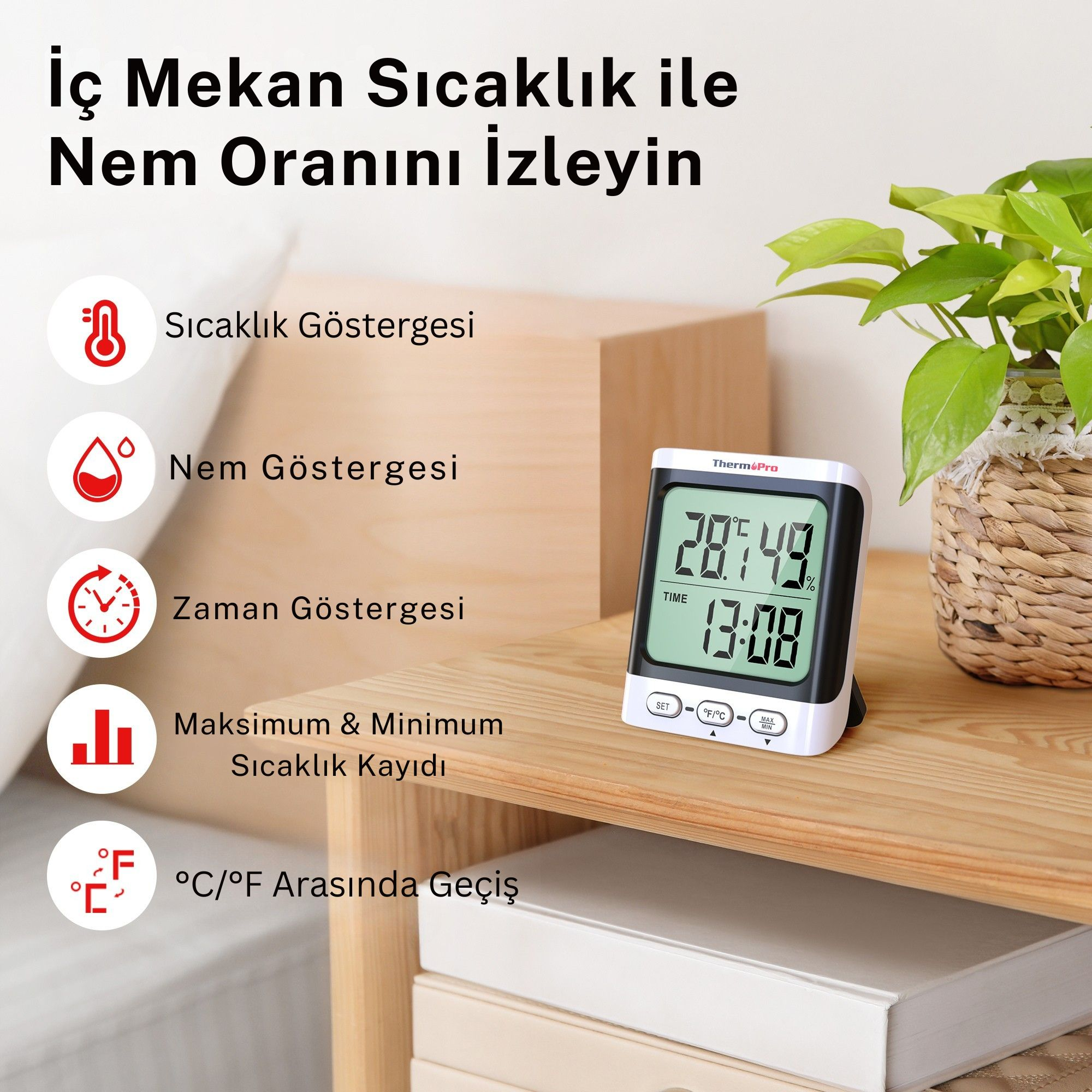 Dijital termometre 28,7 derece ve %49 nem gösteriyor.