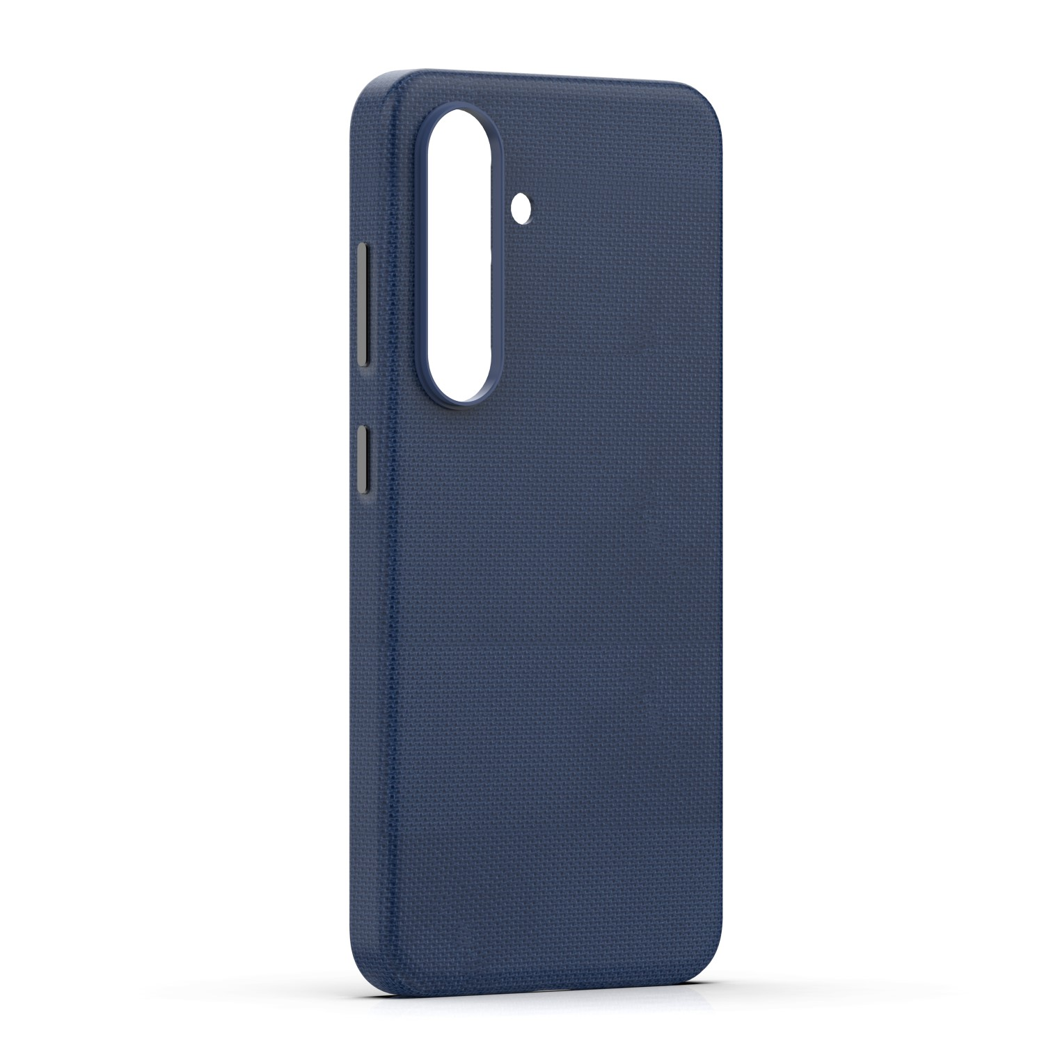 Custodia blu scuro per telefono con ritagli per fotocamera e pulsanti.