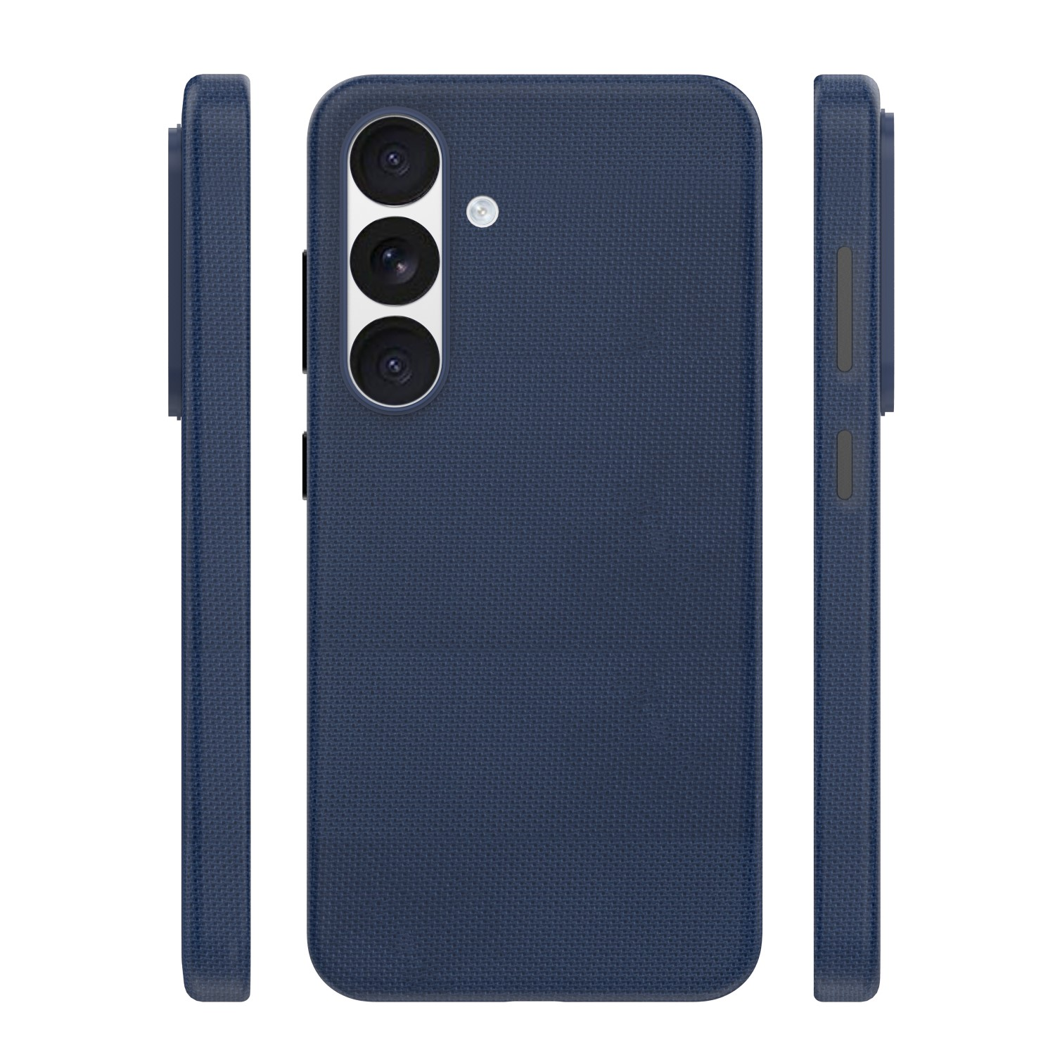 Tre custodie per telefono blu scuro su sfondo bianco, una frontale, due laterali.