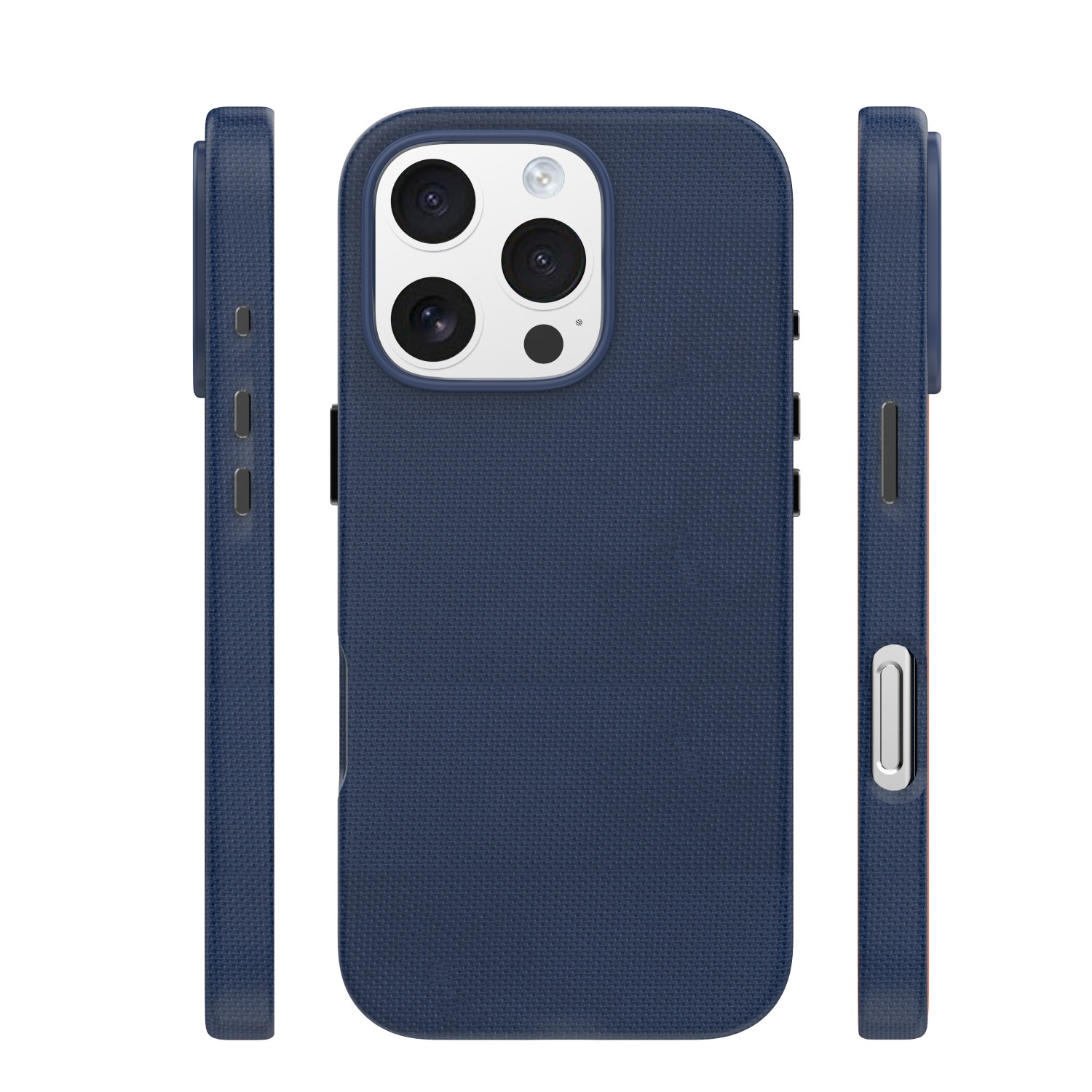 Tre viste di una custodia blu scuro per telefono con superficie testurizzata e foro per fotocamera.