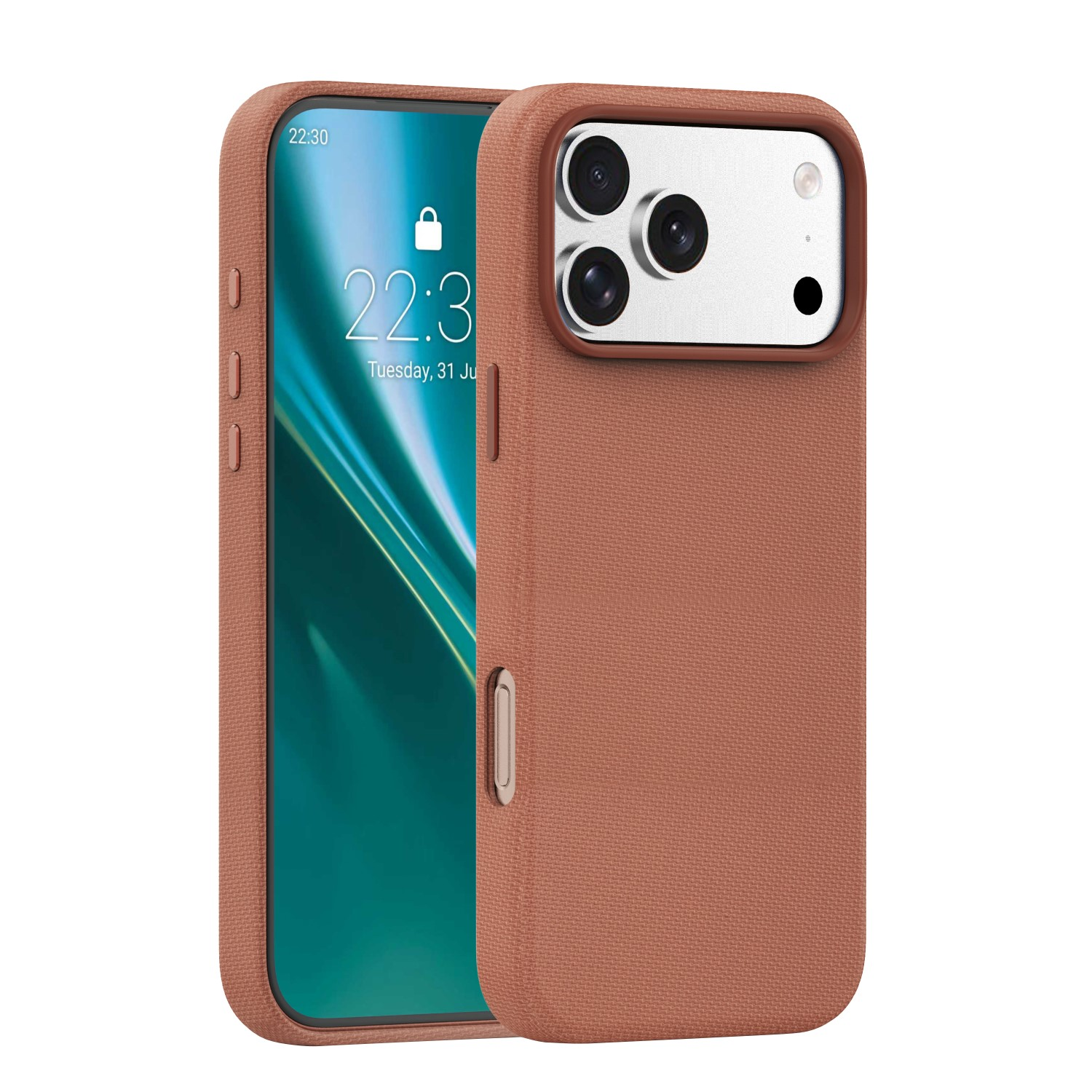 Brązowe etui na telefon z widocznym telefonem na ekranie.