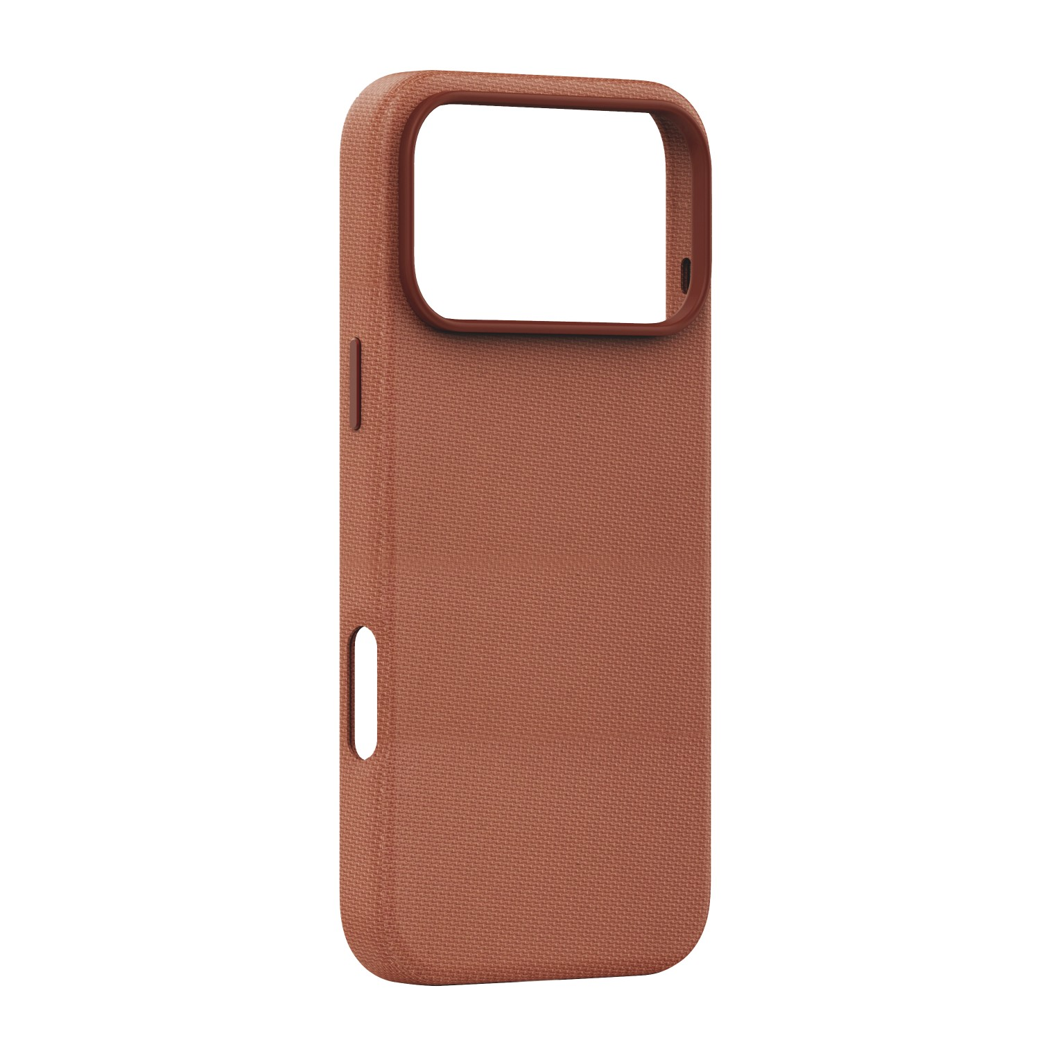 Brązowe etui na telefon z teksturowaną tkaniną i wycięciem na aparat.