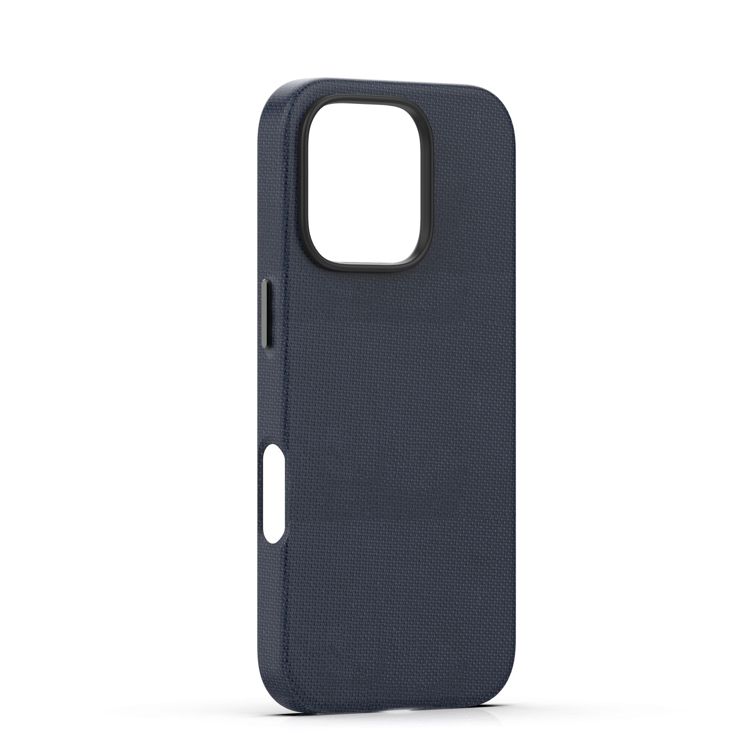 Granatowe etui na telefon z wycięciami na aparat i przyciski.