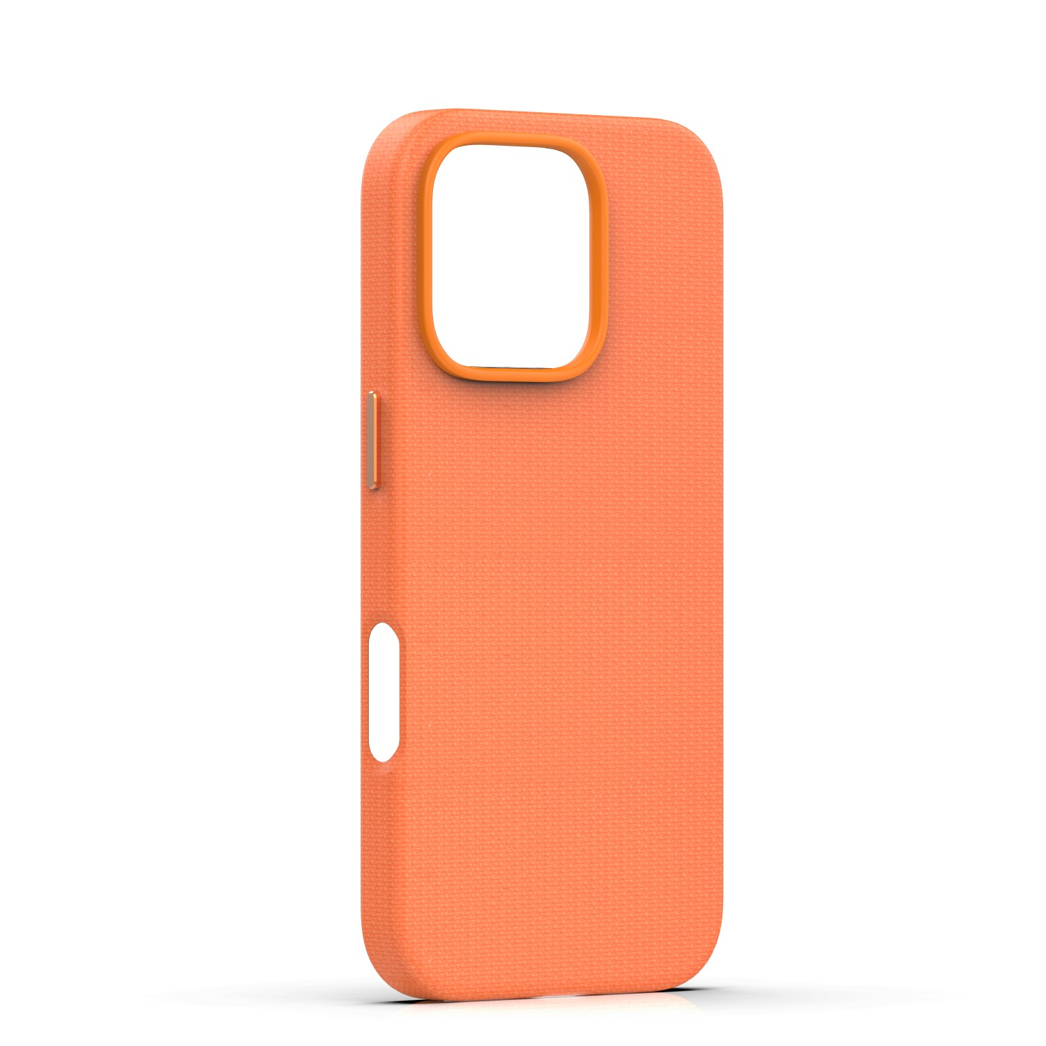 Custodia arancione per telefono con ritagli per fotocamera e pulsanti.