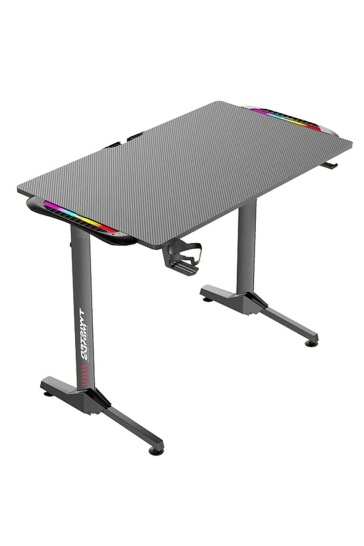 Kenarlarında RGB aydınlatmalı, dokulu gri oyun masası.