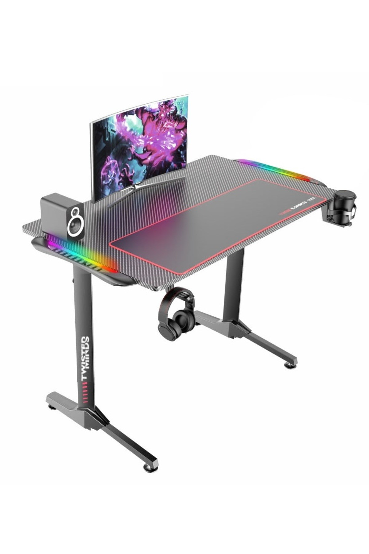 RGB aydınlatmalı, monitörlü, hoparlörlü ve kulaklıklı bir oyuncu masası.