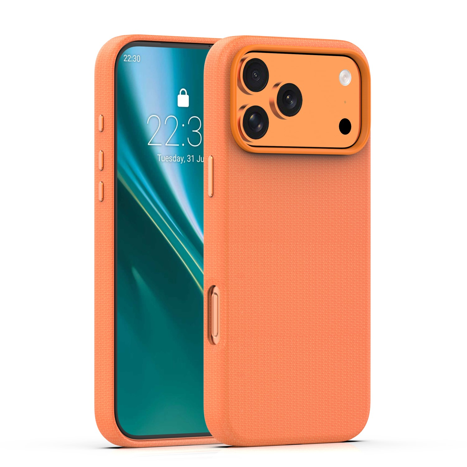 Pomarańczowy telefon z potrójnym aparatem z tyłu.