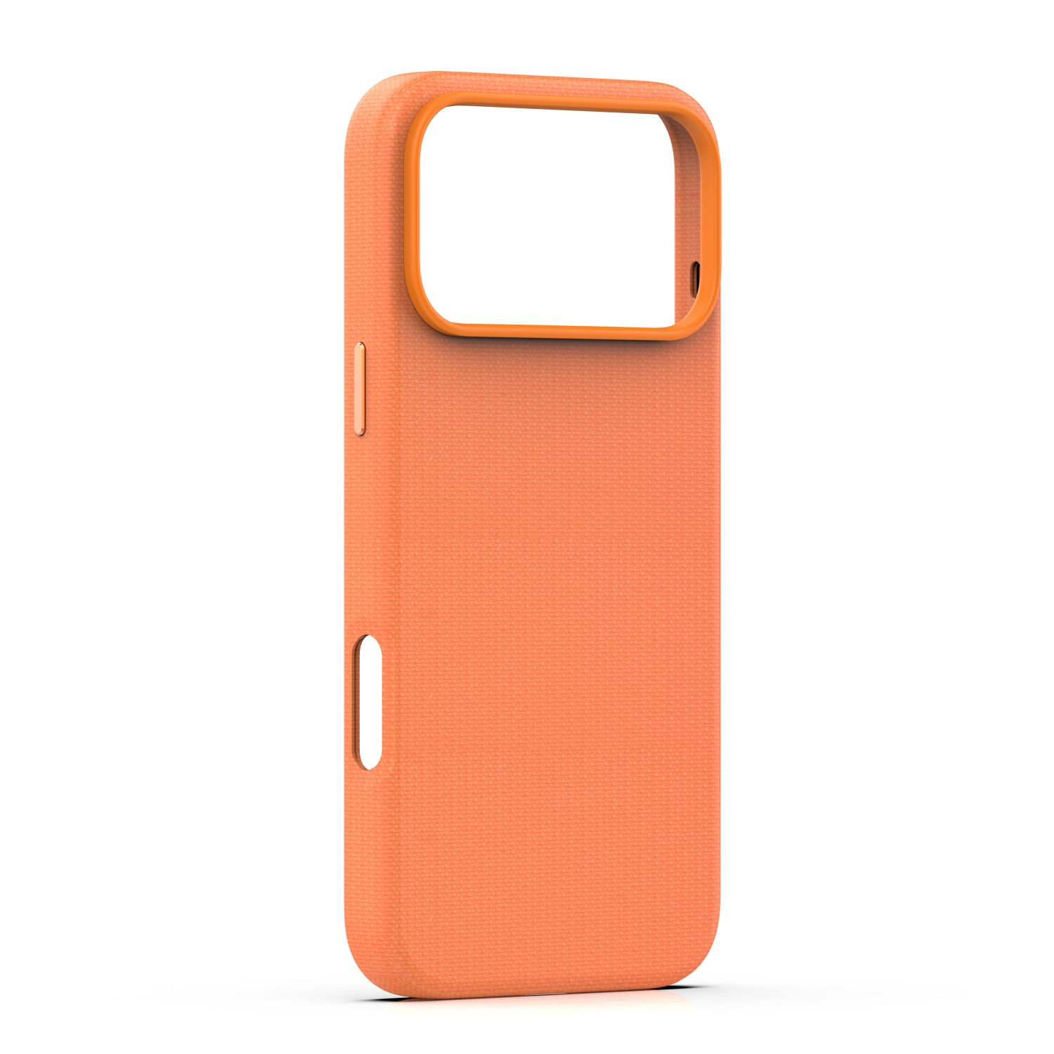 Pomarańczowe etui na telefon z wycięciami na aparat i przyciski.