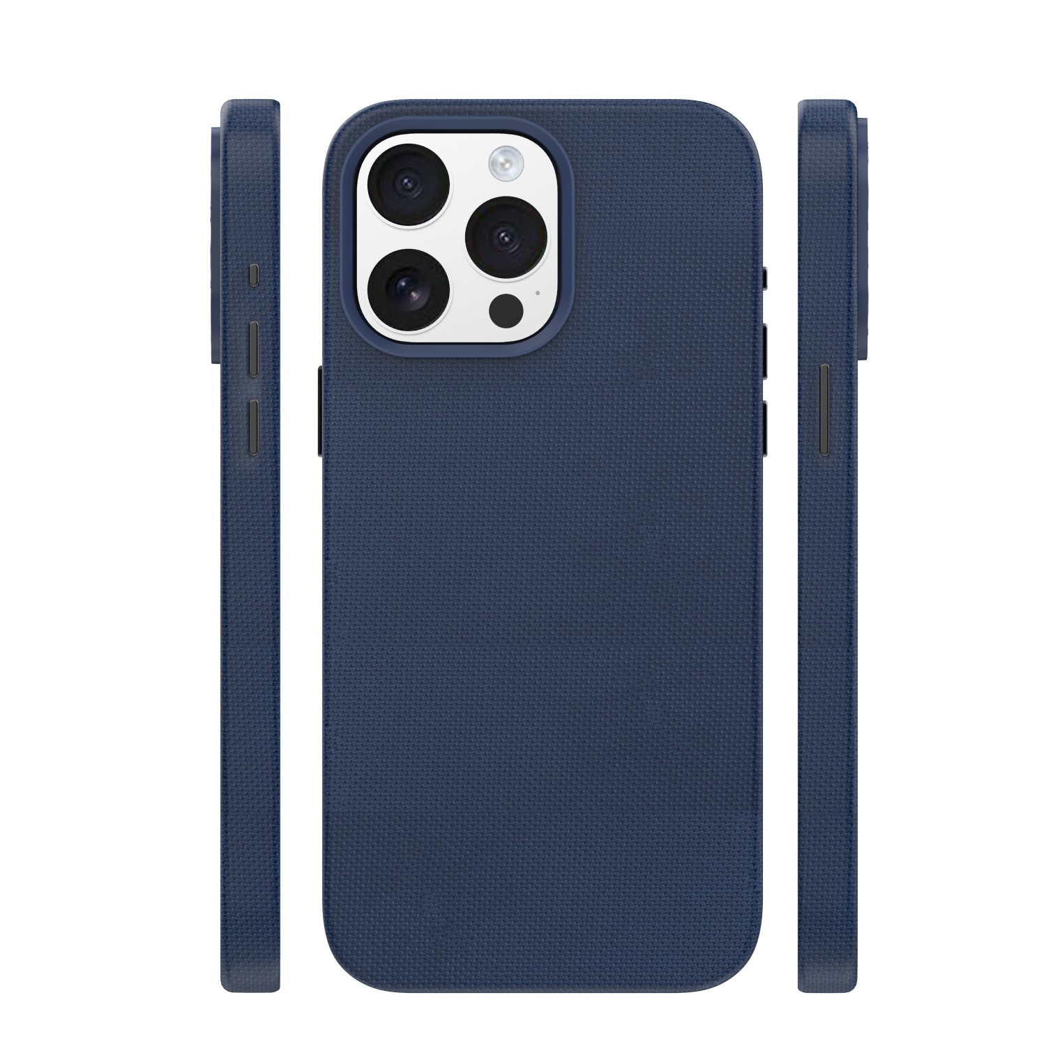 Custodia blu scuro per telefono vista fronte, retro e lati. Modulo fotocamera visibile.