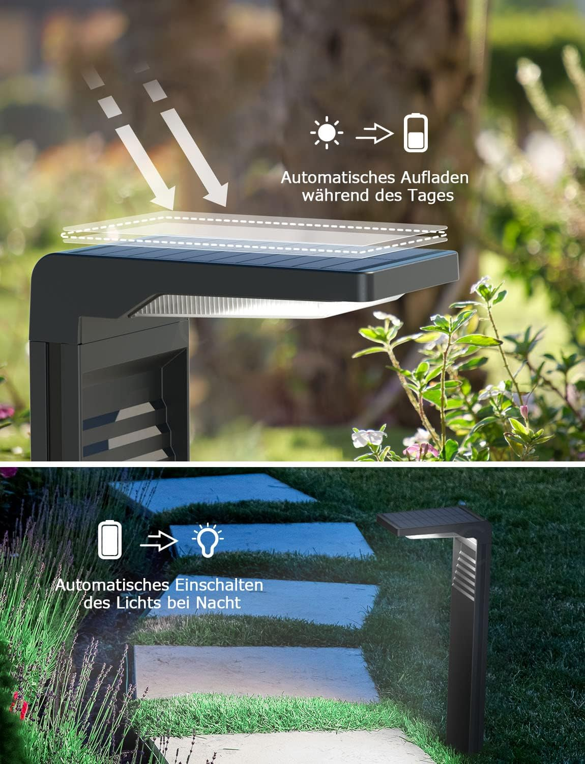 Solarleuchte lädt tagsüber und schaltet sich nachts automatisch ein.