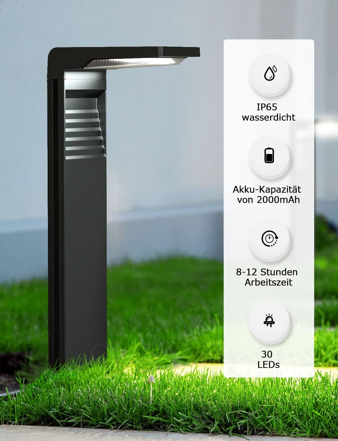 Schwarze Lampe im Gras, IP65 wasserdicht, 2000mAh, 8-12h, 30 LEDs.