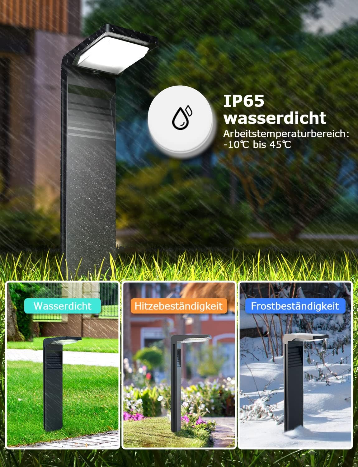 Gartenleuchte mit IP65 Wasserdichtigkeit, Hitzebeständigkeit und Frostbeständigkeit.