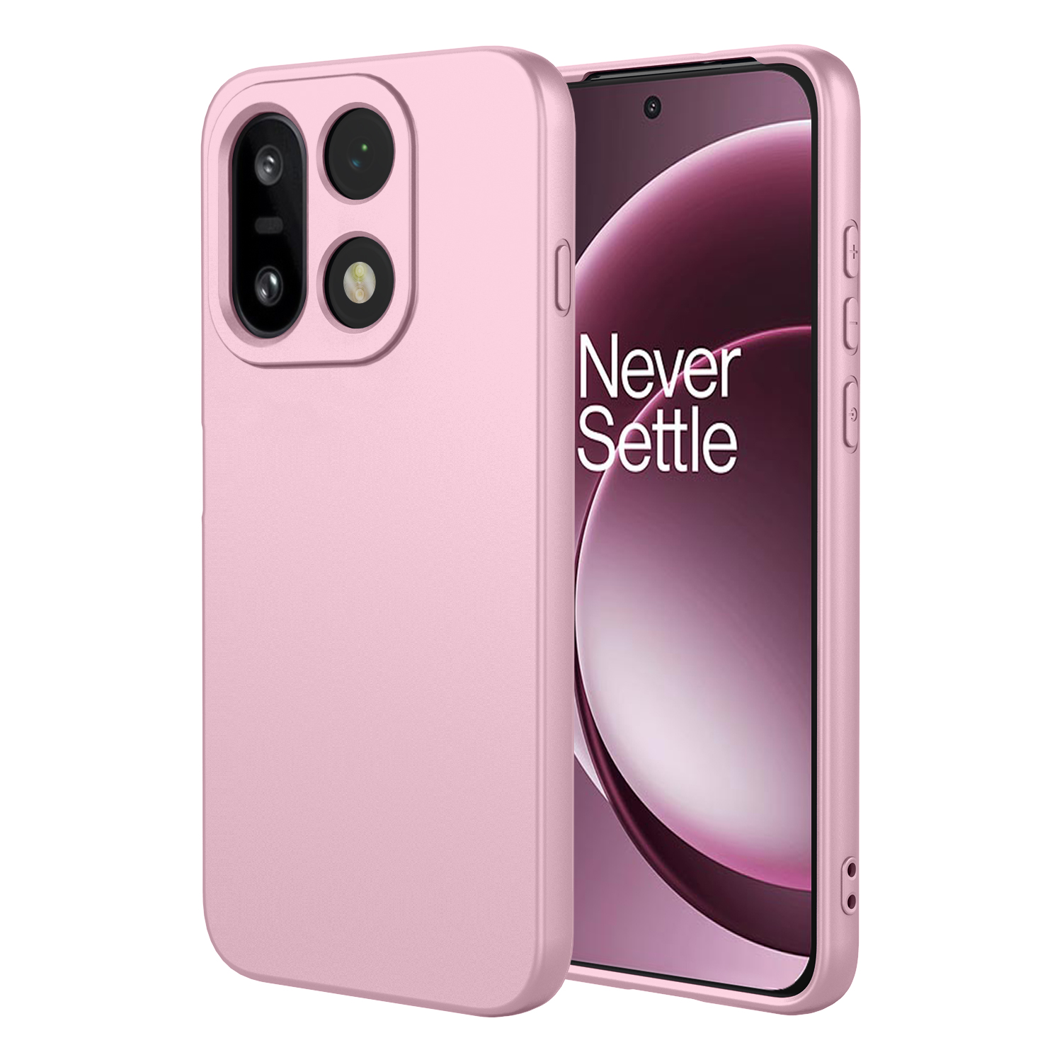 Een roze telefoonhoesje naast een smartphone met de tekst 'Never Settle'.