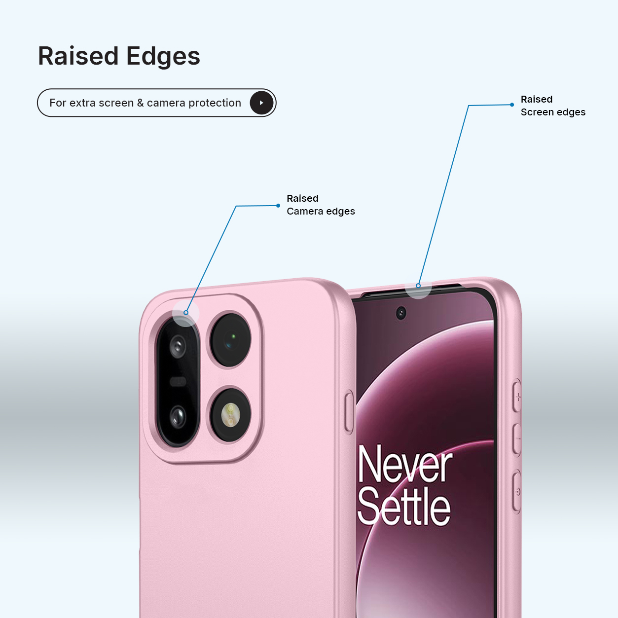 Roze telefoonhoes met verhoogde randen voor camera- en schermbescherming.