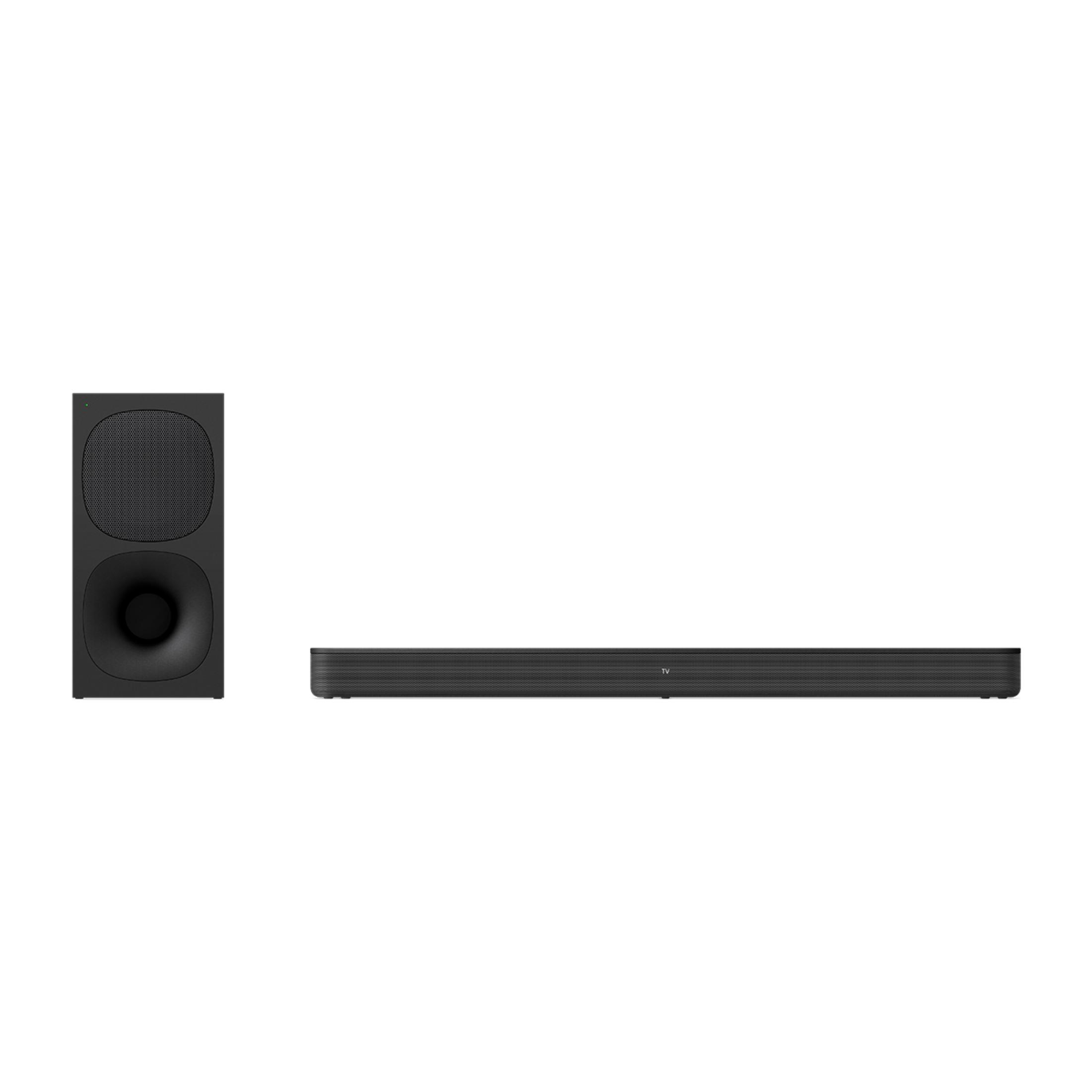 Schwarzer Subwoofer links und eine Soundbar rechts auf weißem Grund.