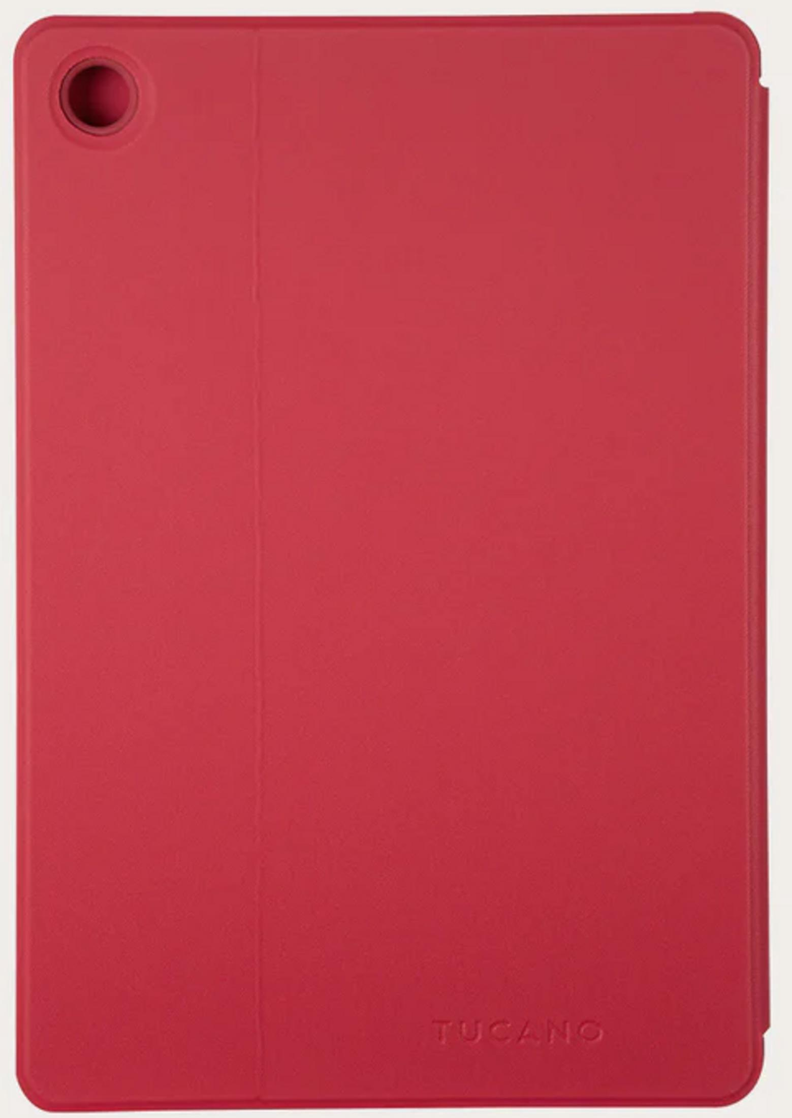 Rote Tablet-Hülle mit Kameraaussparung und Tucano-Logo.
