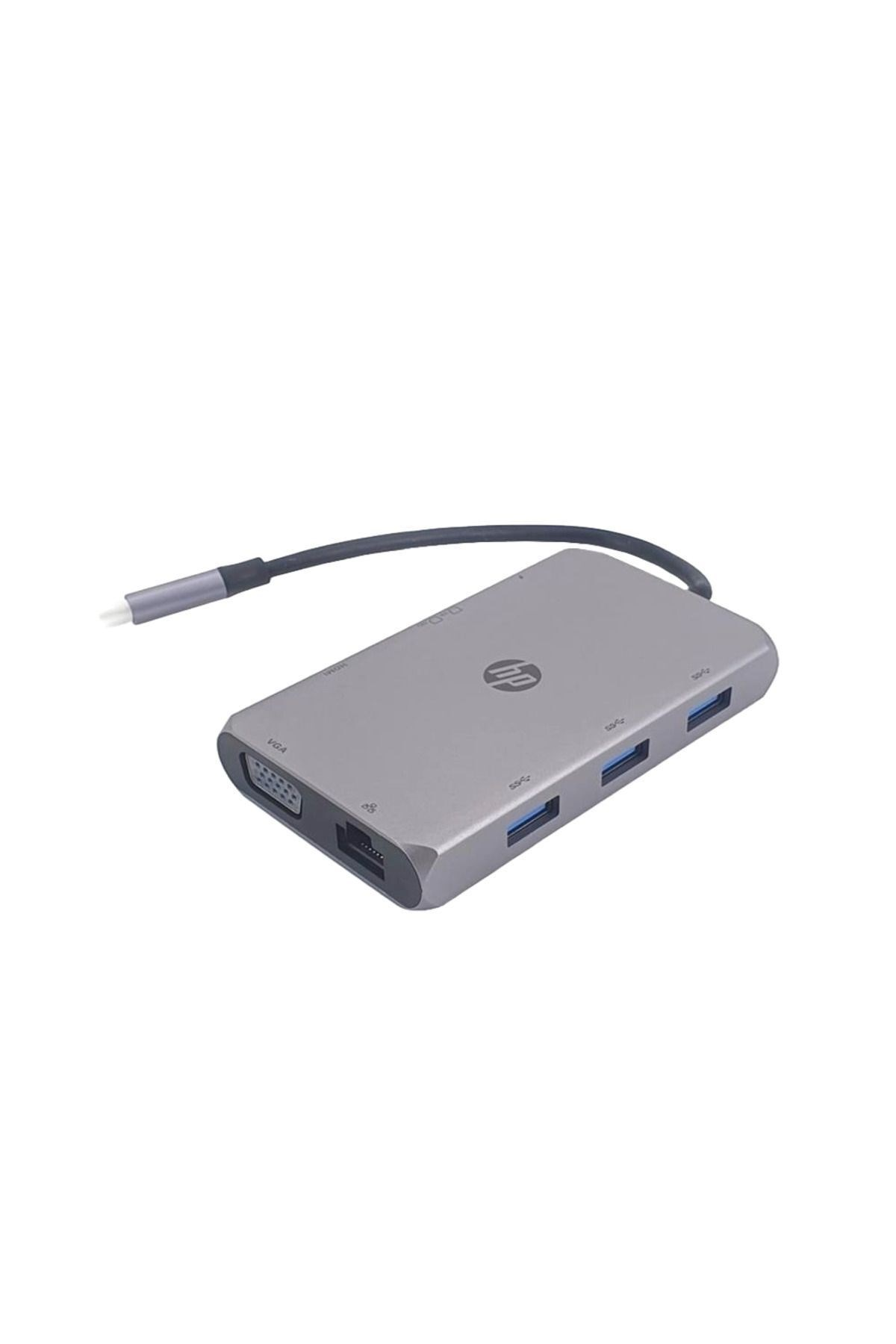 VGA, Ethernet, HDMI ve USB bağlantı noktalarına sahip gri HP USB-C hub.