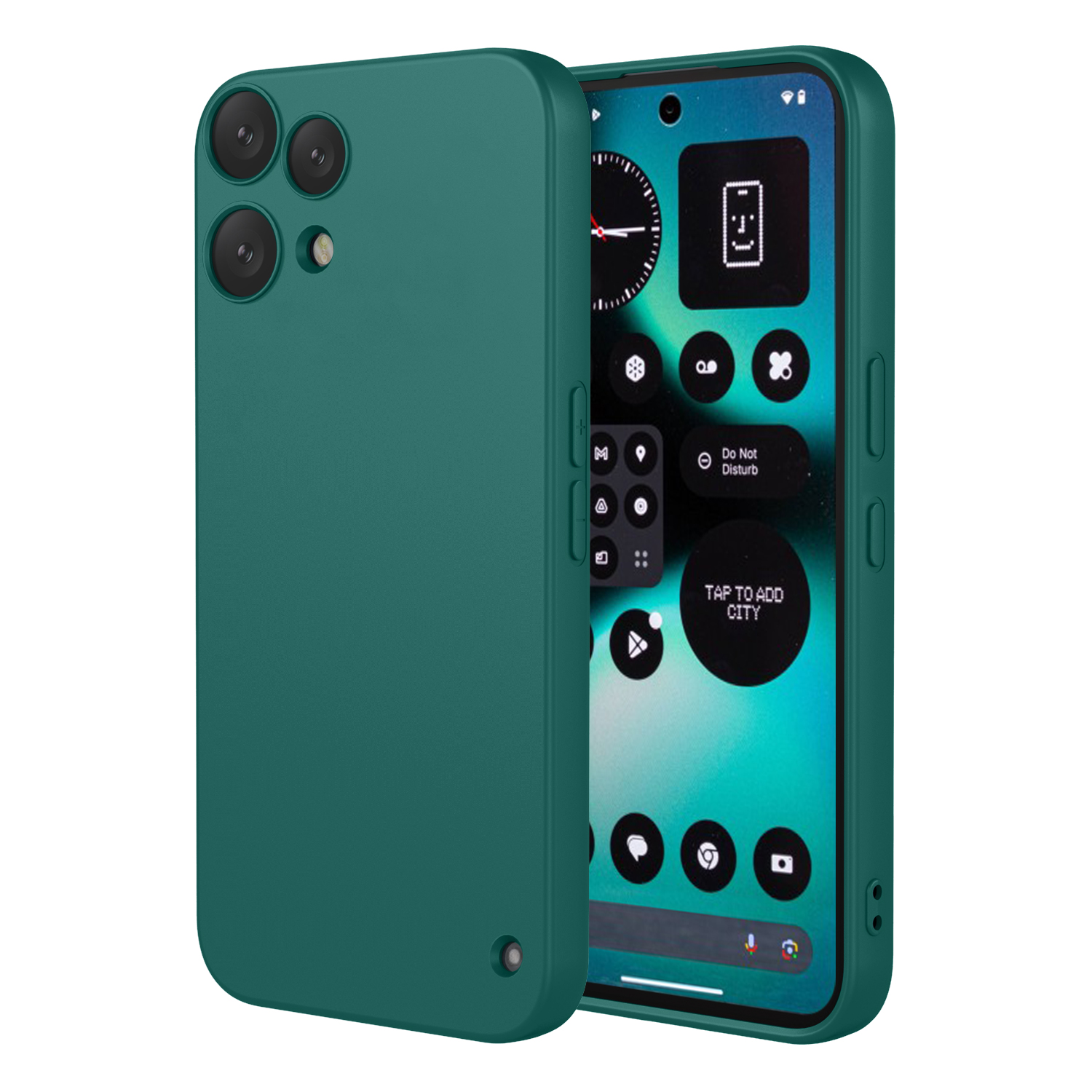 Coque de téléphone verte avec module caméra visible et écran.