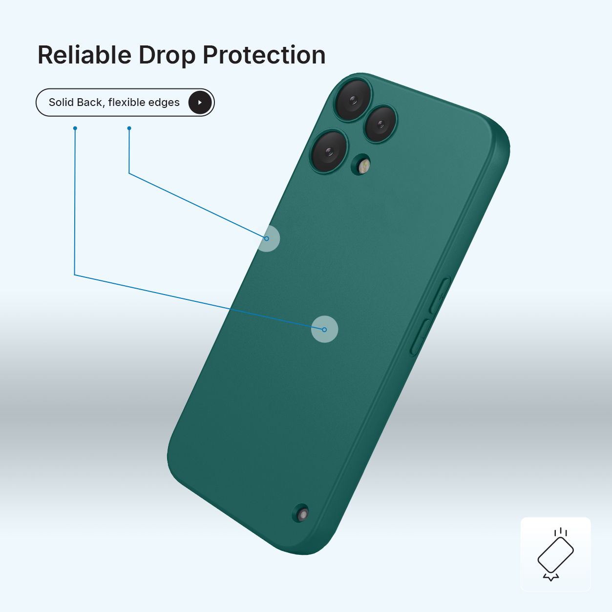 Coque de téléphone verte avec module caméra et ports sur fond clair.