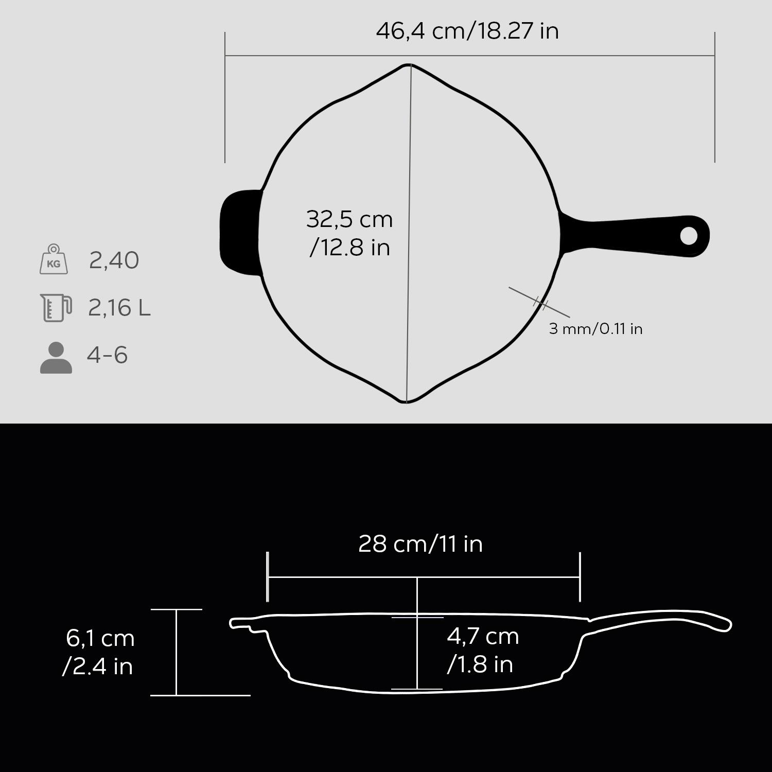 Tava teknik çizimi boyutlarıyla: 46,4 cm U, 32,5 cm Ø, 2,16 L, 2,4 kg.