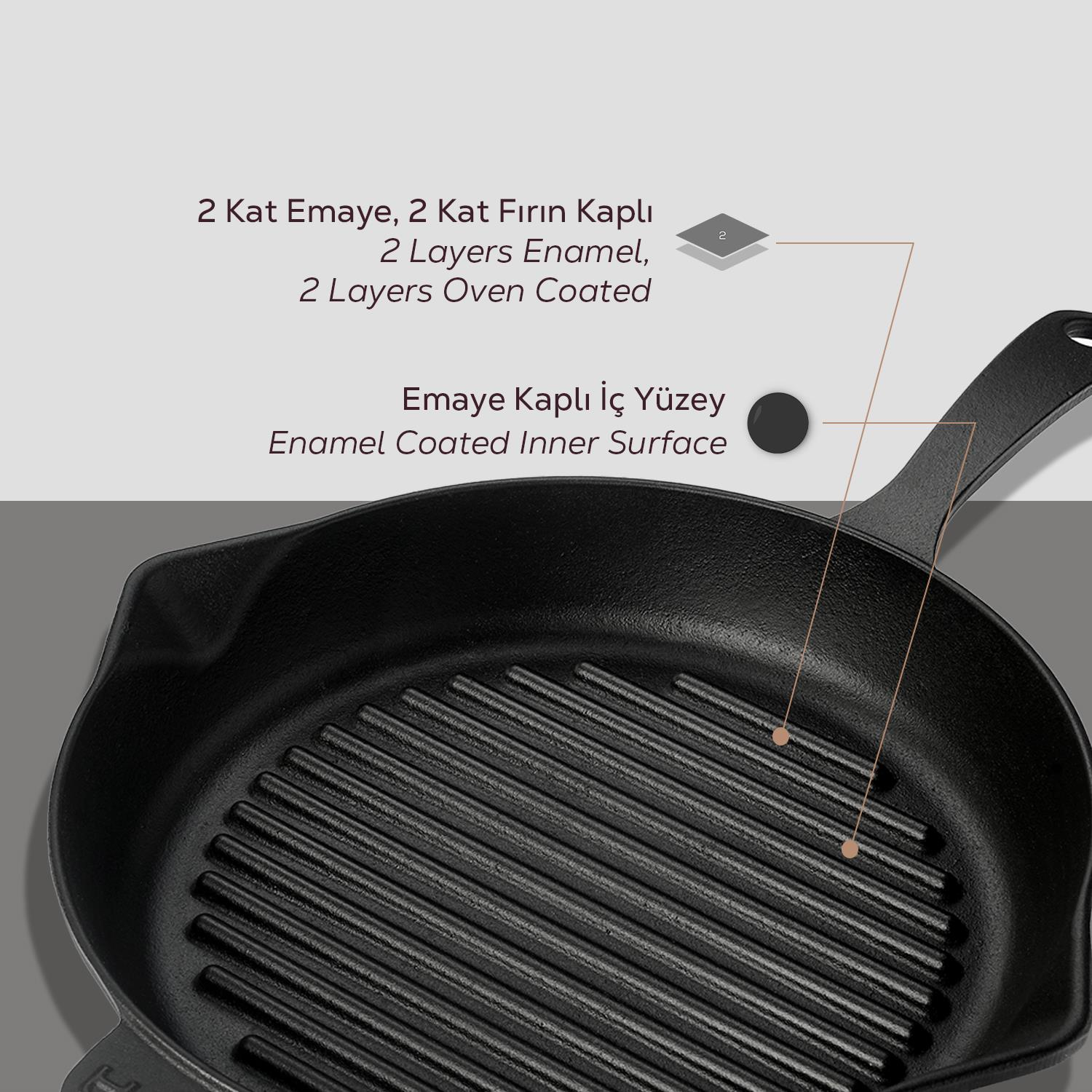 2 kat emaye ve fırın kaplamalı siyah döküm ızgara tava.