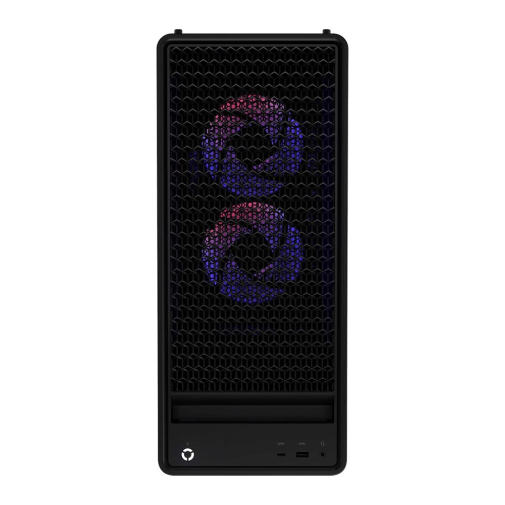 Czarna obudowa komputera z dwoma podświetlanymi wentylatorami i frontem w kształcie plastra miodu.