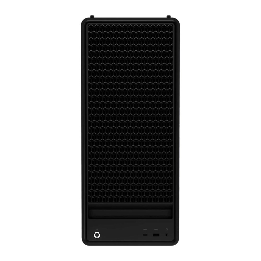 Czarna obudowa komputera z kratką wentylacyjną o strukturze plastra miodu.