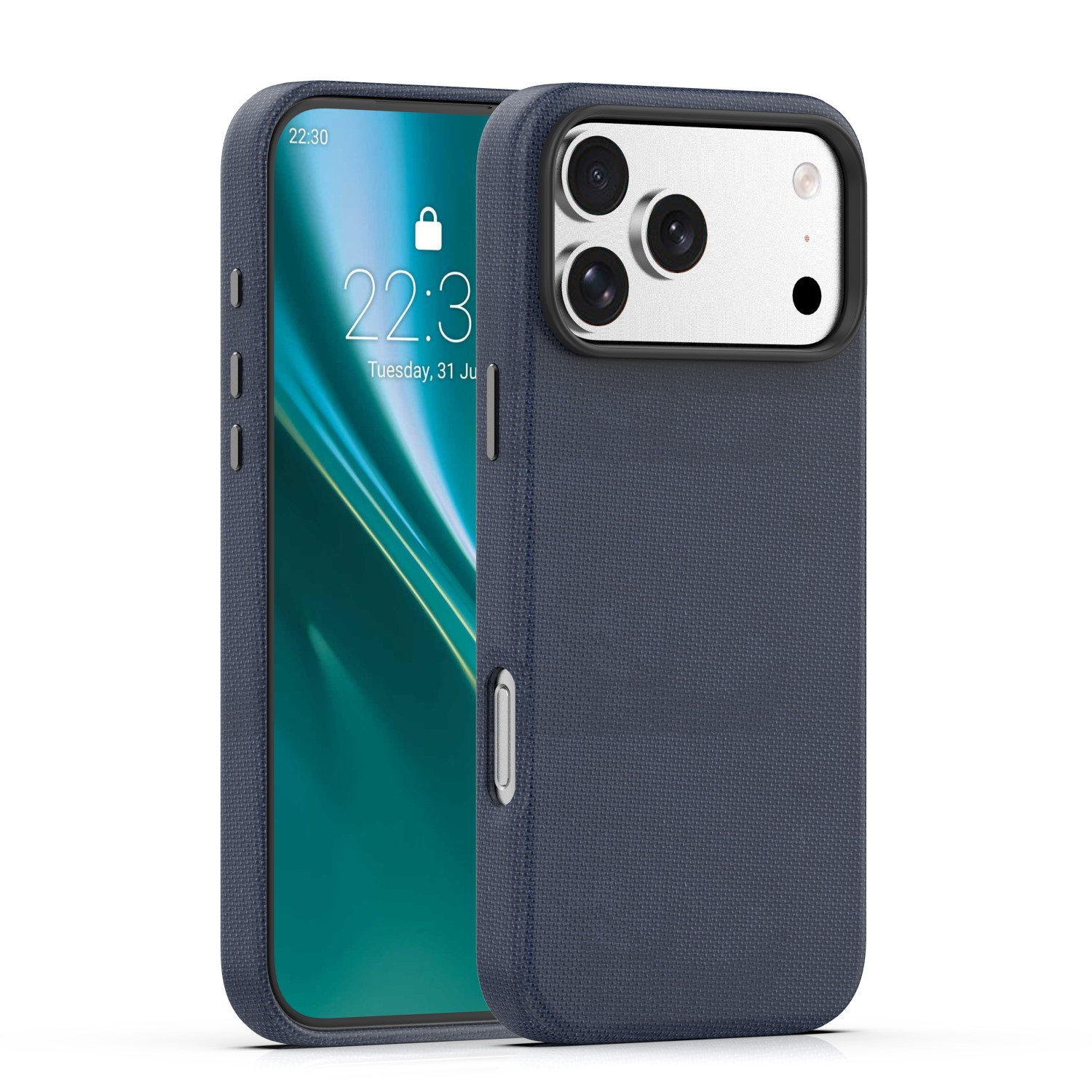 Ciemnoniebieski telefon w materiałowym etui, leżący na boku.