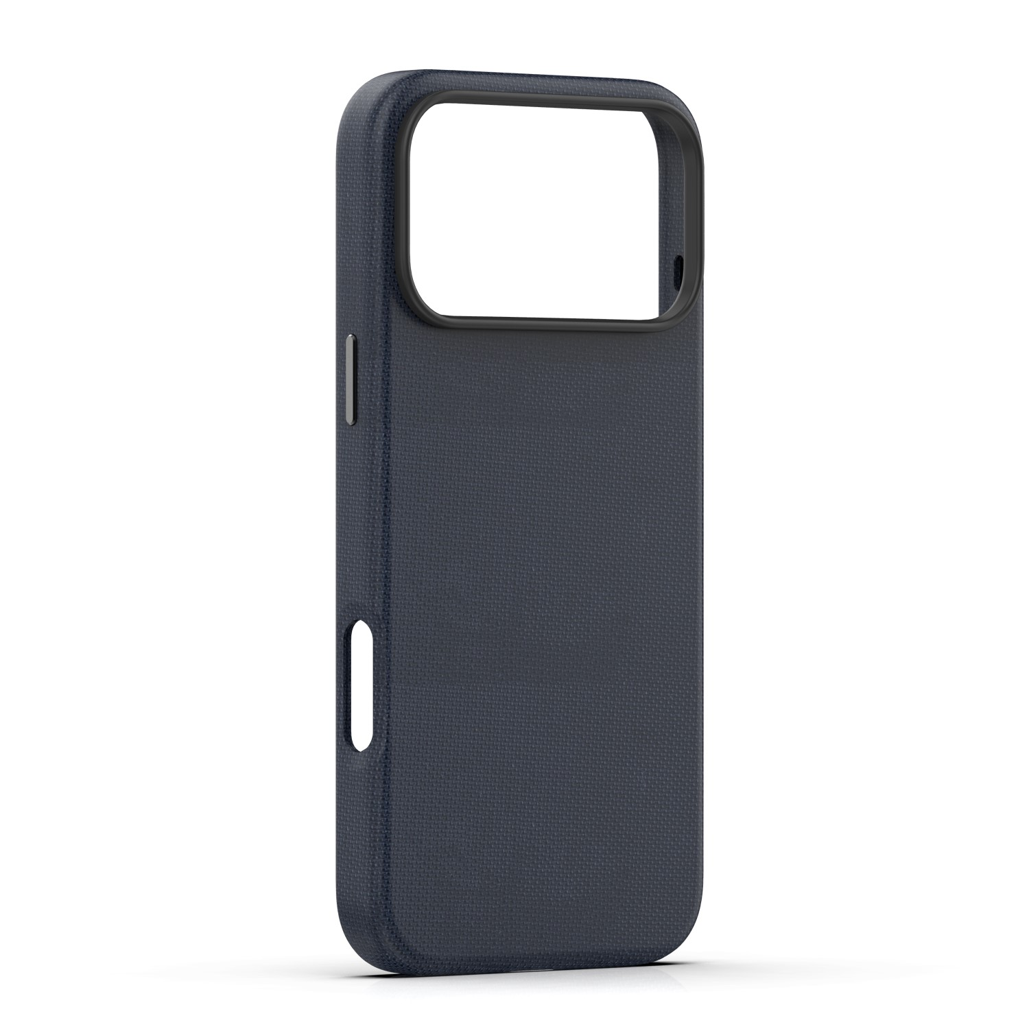 Granatowe etui na telefon z wycięciami na aparat i przyciski, na białym tle.