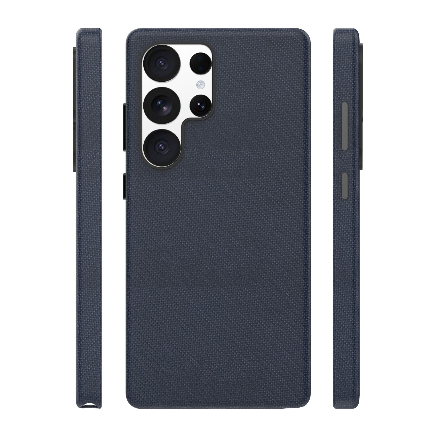 Custodia blu scuro per telefono con sistema di fotocamera e due viste laterali.