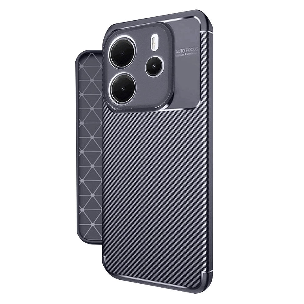 Karbon fiber desenli ve üçlü kamera lensli koyu gri telefon kılıfı.