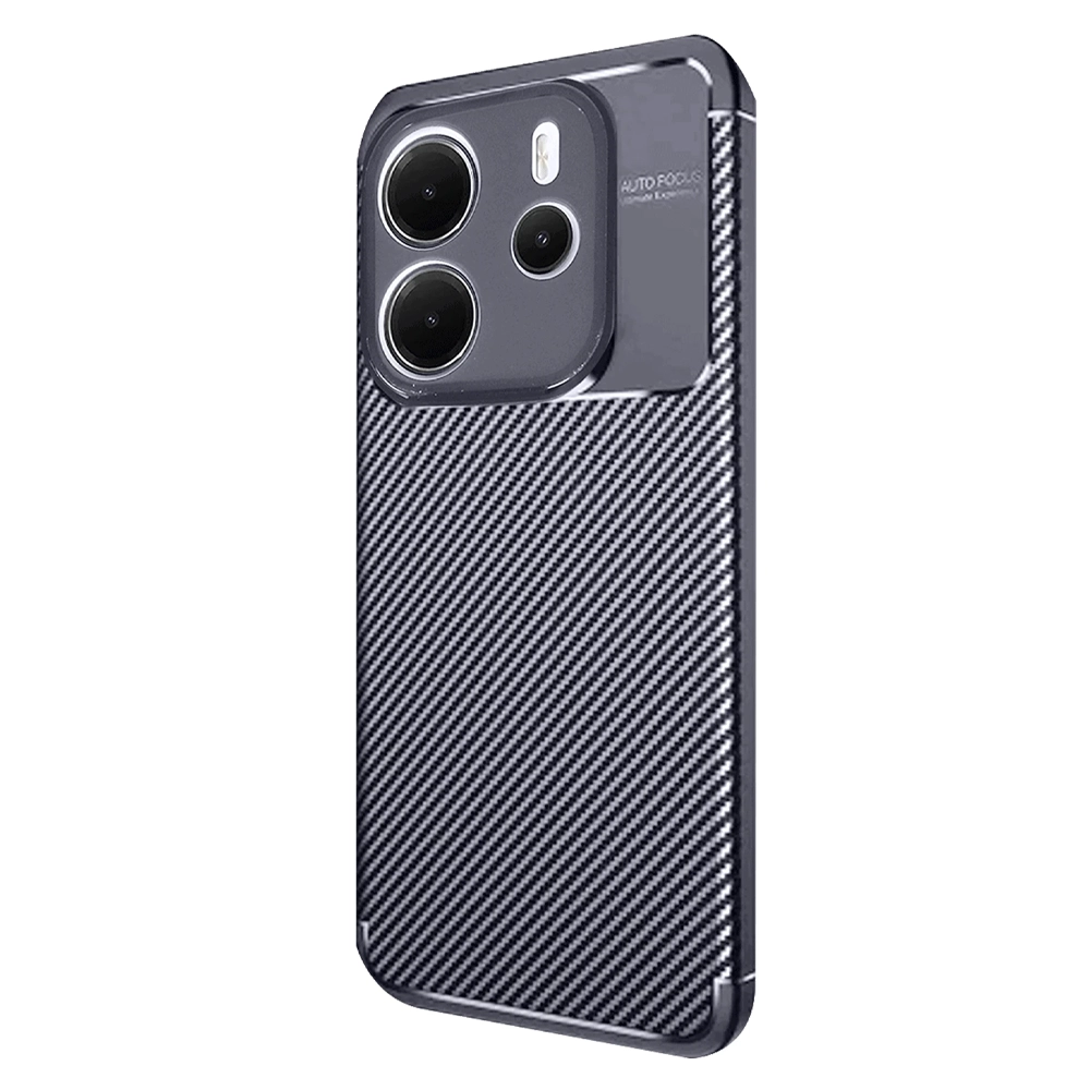 Karbon desenli, üçlü kameralı siyah telefon kılıfı. Otomatik odaklama baskısı.