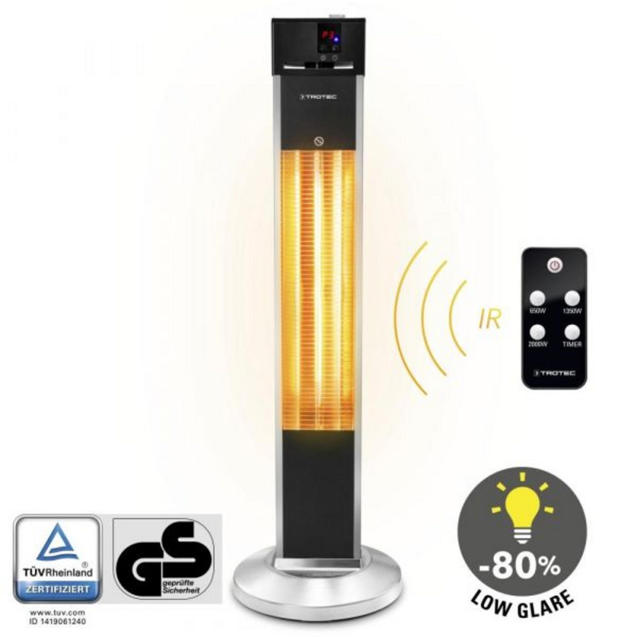 Un termoventilatore a infrarossi alto e sottile con telecomando e certificazioni.