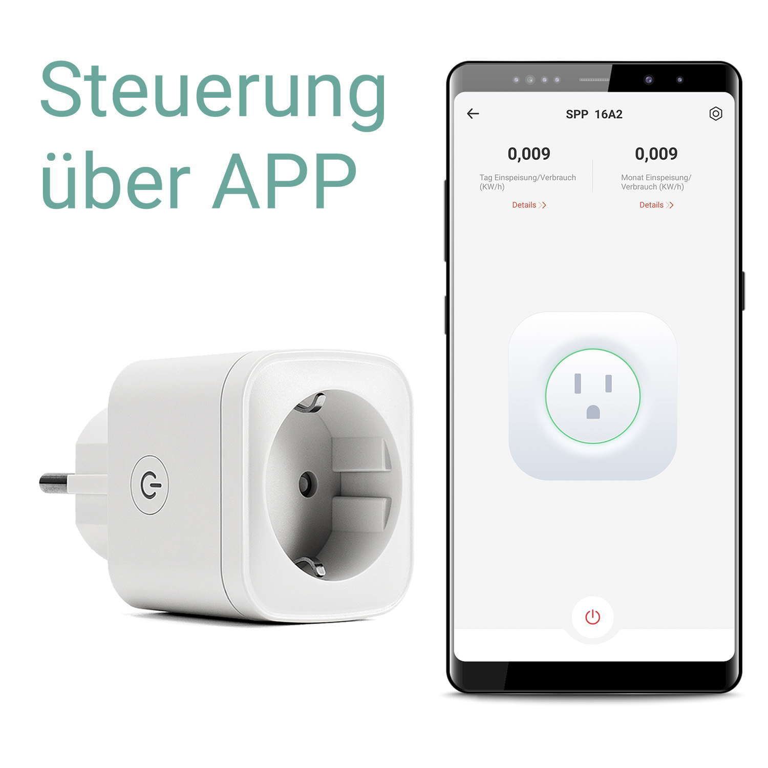 Ein weißer Smart-Stecker mit einem Ein-/Ausschalter neben einem Smartphone.
