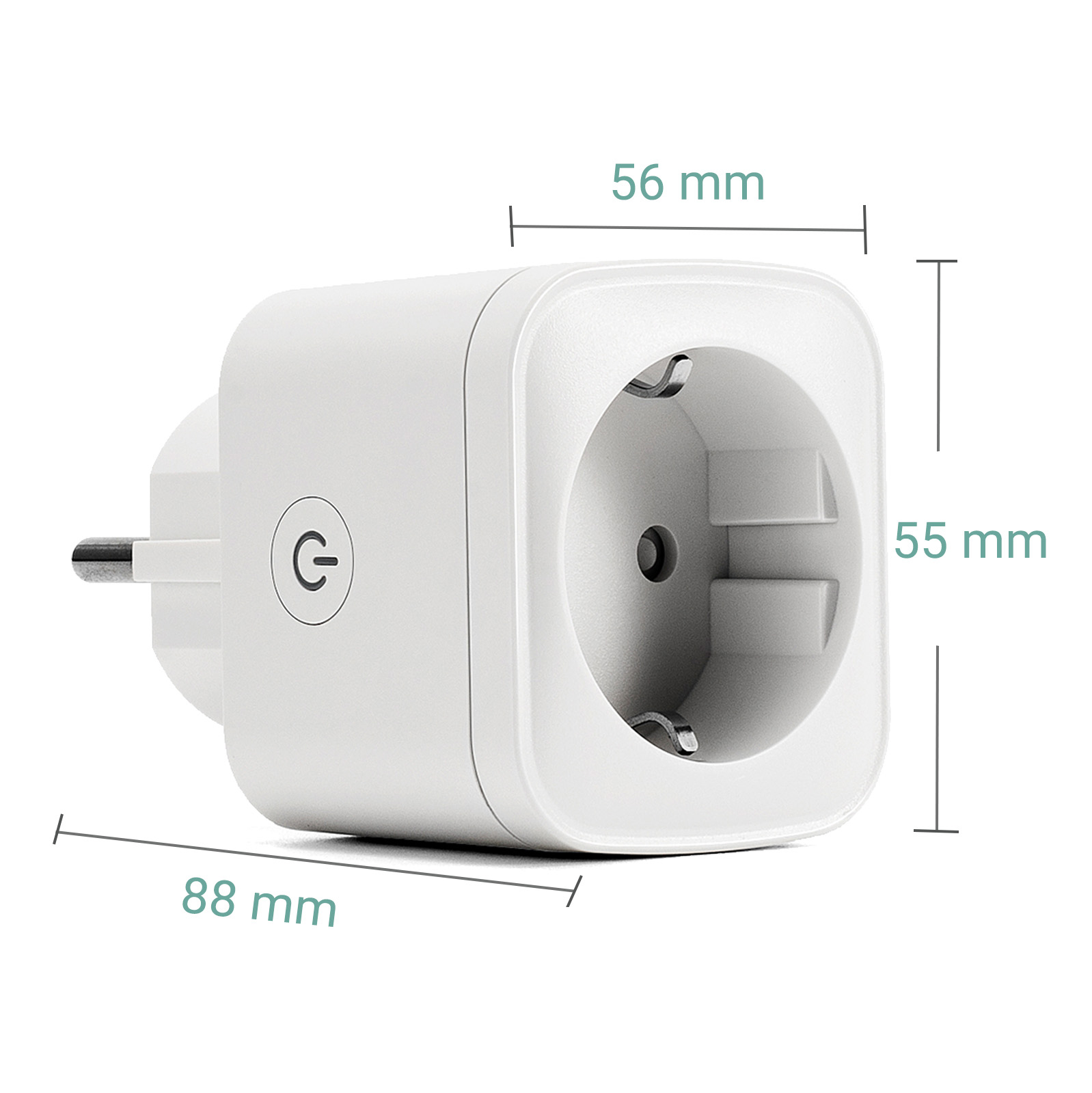 Ein weißer Smart-Stecker mit einem Ein/Aus-Symbol und Maßen.