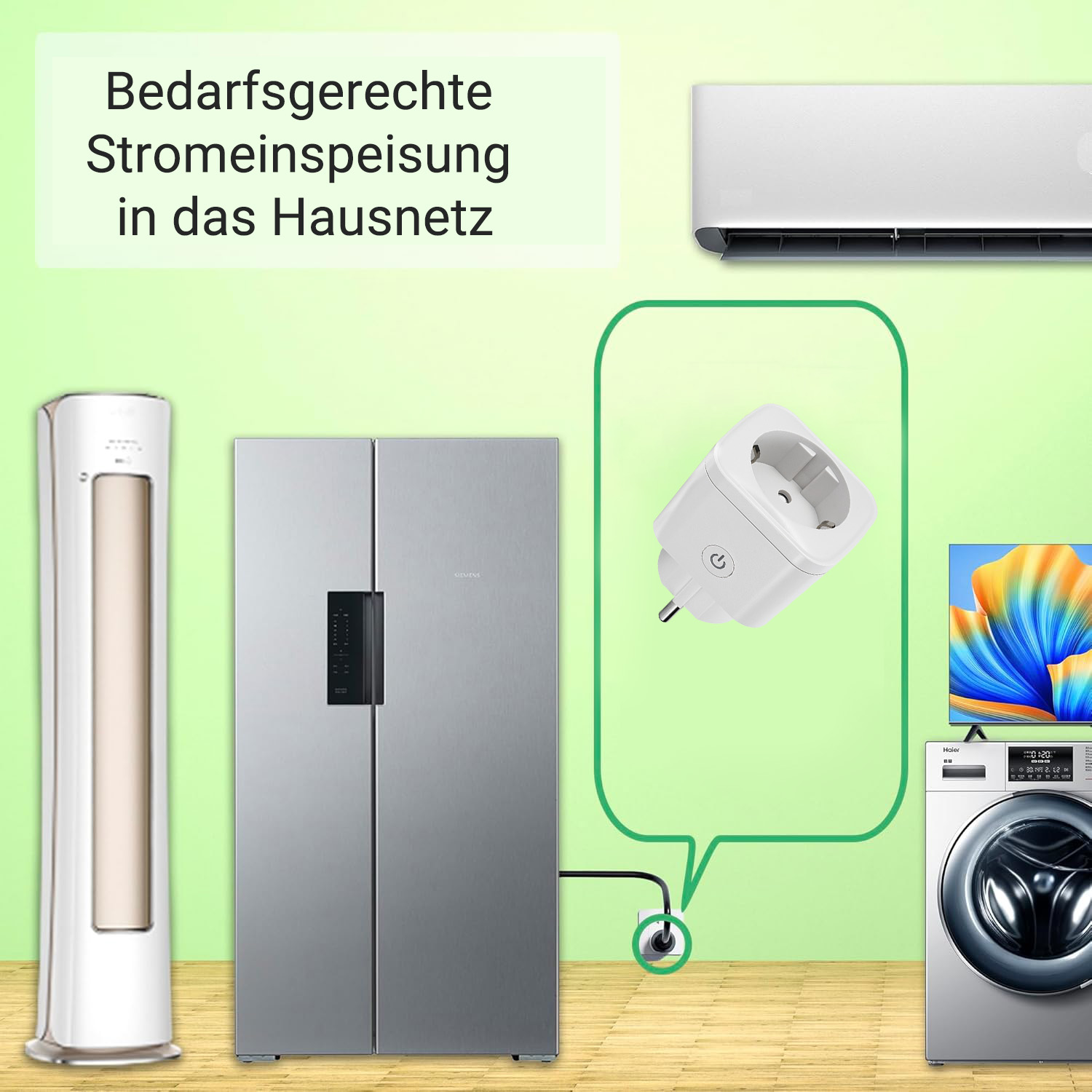 Geräte im Haus: Kühlschrank, Waschmaschine, Klimaanlage, Luftreiniger, Smart Plug.